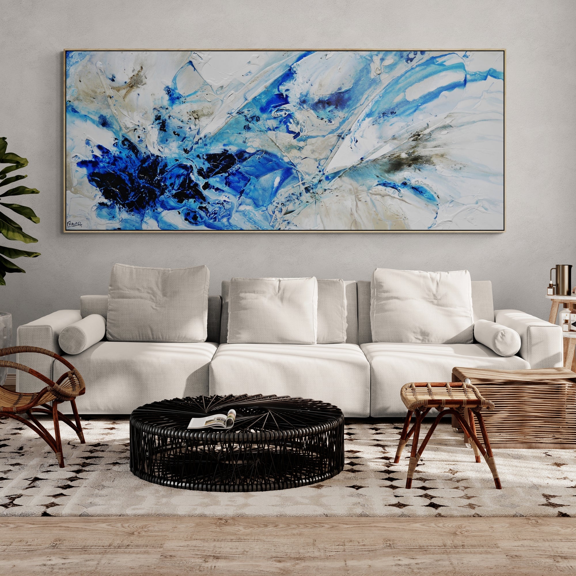 Denim Casbah 240cm x 100cm Textured Abstract Canvas Art - Modern Blue Wall Decor for Living Room, Bedroom & Office