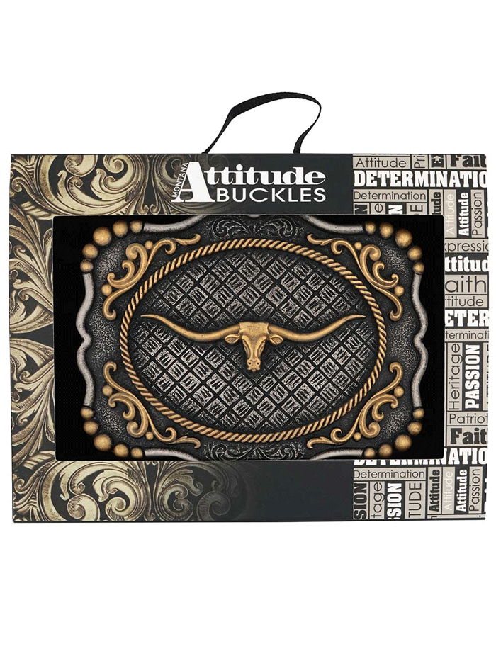 Montana Silversmiths A1003P Antique Silver Framed Longhorn Attitude Belt Buckle for Cowboy Western Outfits and Rodeo Events