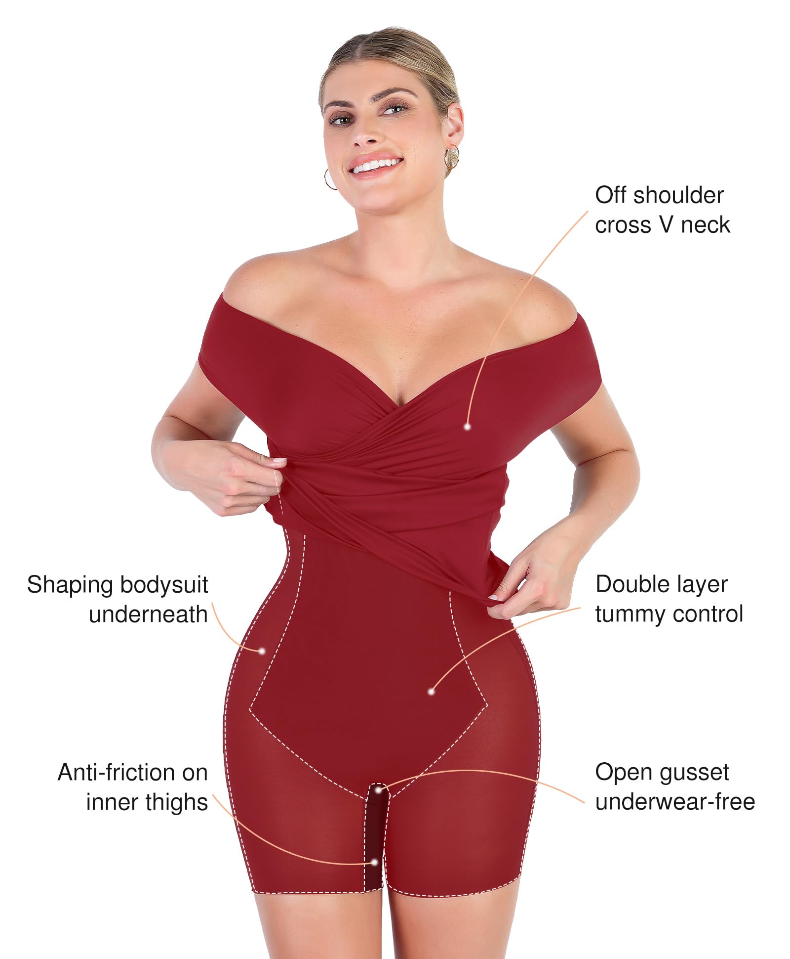 Popilush Women's Off Shoulder Cocktail Dress with Tummy Control Shapewear - Wrap V-Neck Midi Dress for Wedding Guest, Party & Formal Occasions
