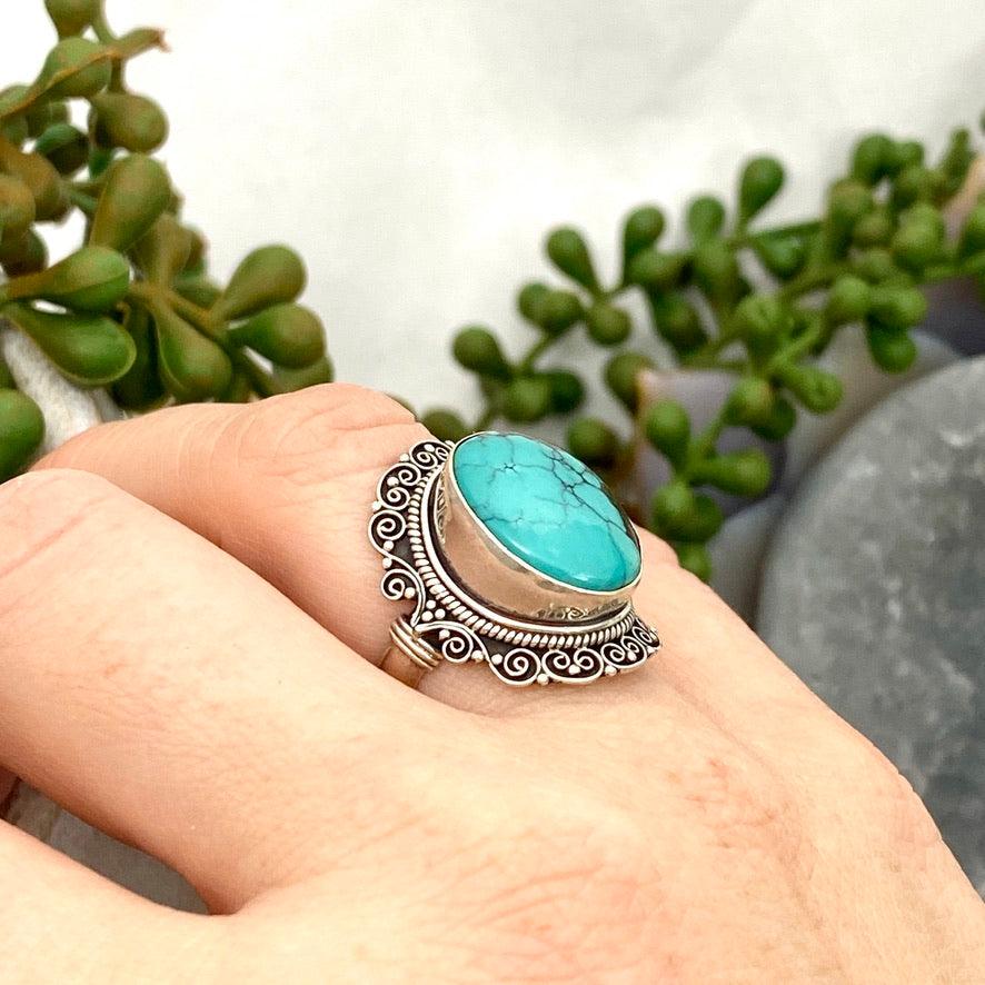 Boho Style Turquoise Oval Ring Size 7 - Handmade Sterling Silver Jewelry for Women, Perfect for Festivals, Weddings & Everyday Wear KRGJ2778