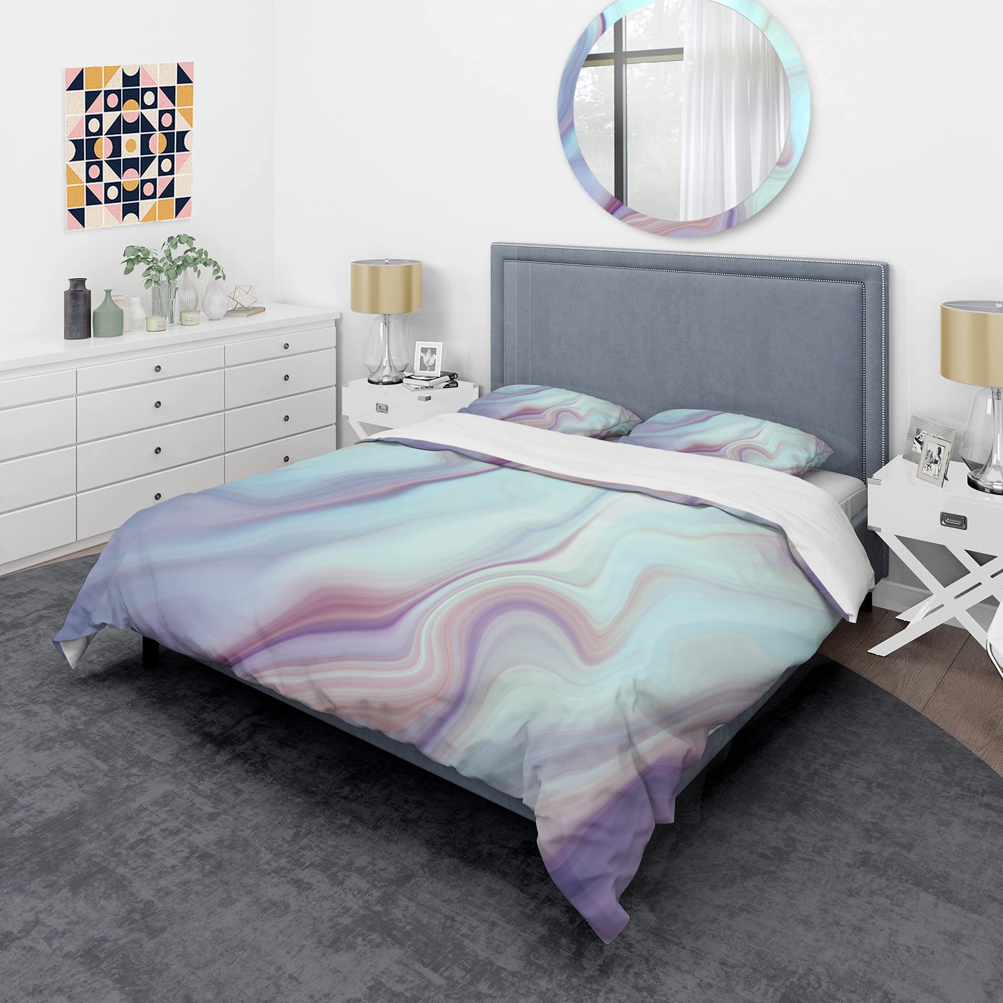 Marbled Liquid Agate Duvet Cover Set King - Modern Abstract Blue Bedding 3-Piece Set | All-Season Comfort for Contemporary Bedrooms & Guest Rooms