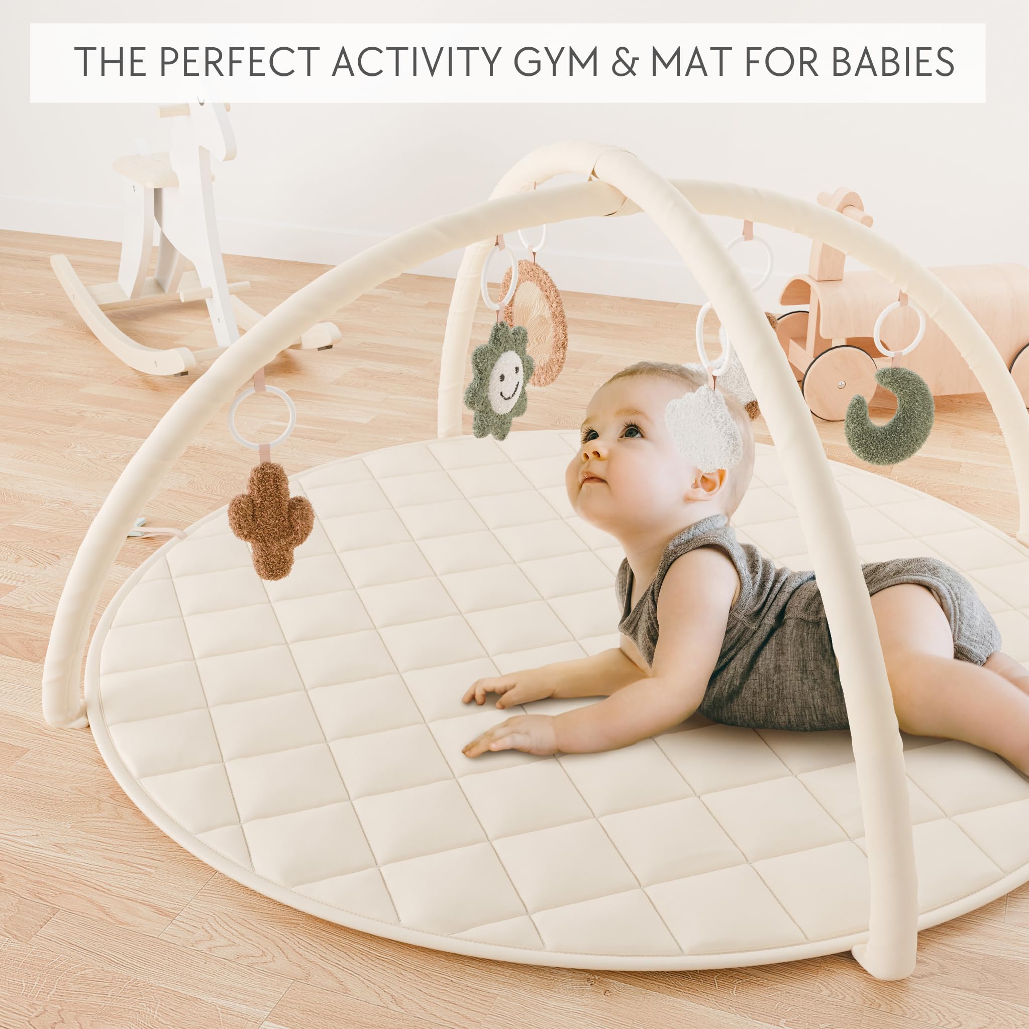 Soft Cotton Baby Play Gym & Tummy Time Mat with 6 Cute Toys - Interactive Activity Center for Infants 0-12 Months - Perfect for Crawling, Sensory Play & Nursery Decor - Gender Neutral Playmat for Boys & Girls