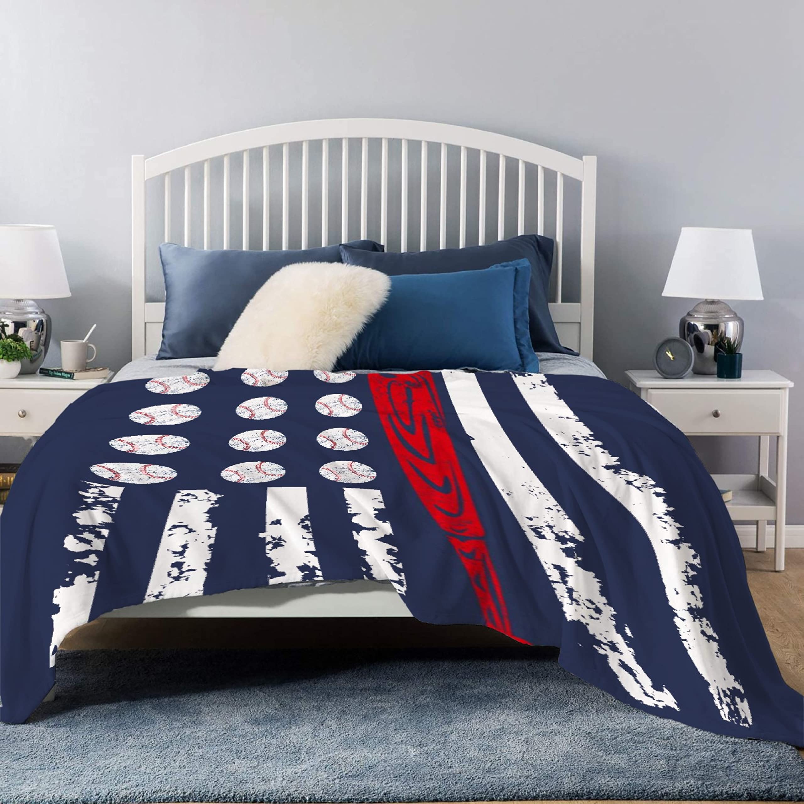 Baseball America Flag Design Throw Blanket - Lightweight Plush Fuzzy Cozy Soft Blanket 120