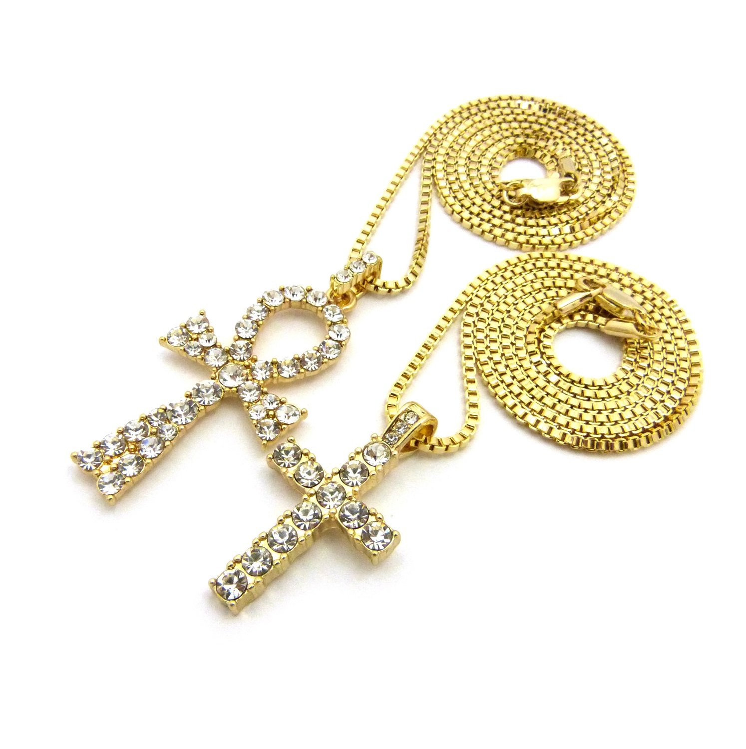 Iced Out Micro Ankh & Cross Pendant Necklace Set - 20