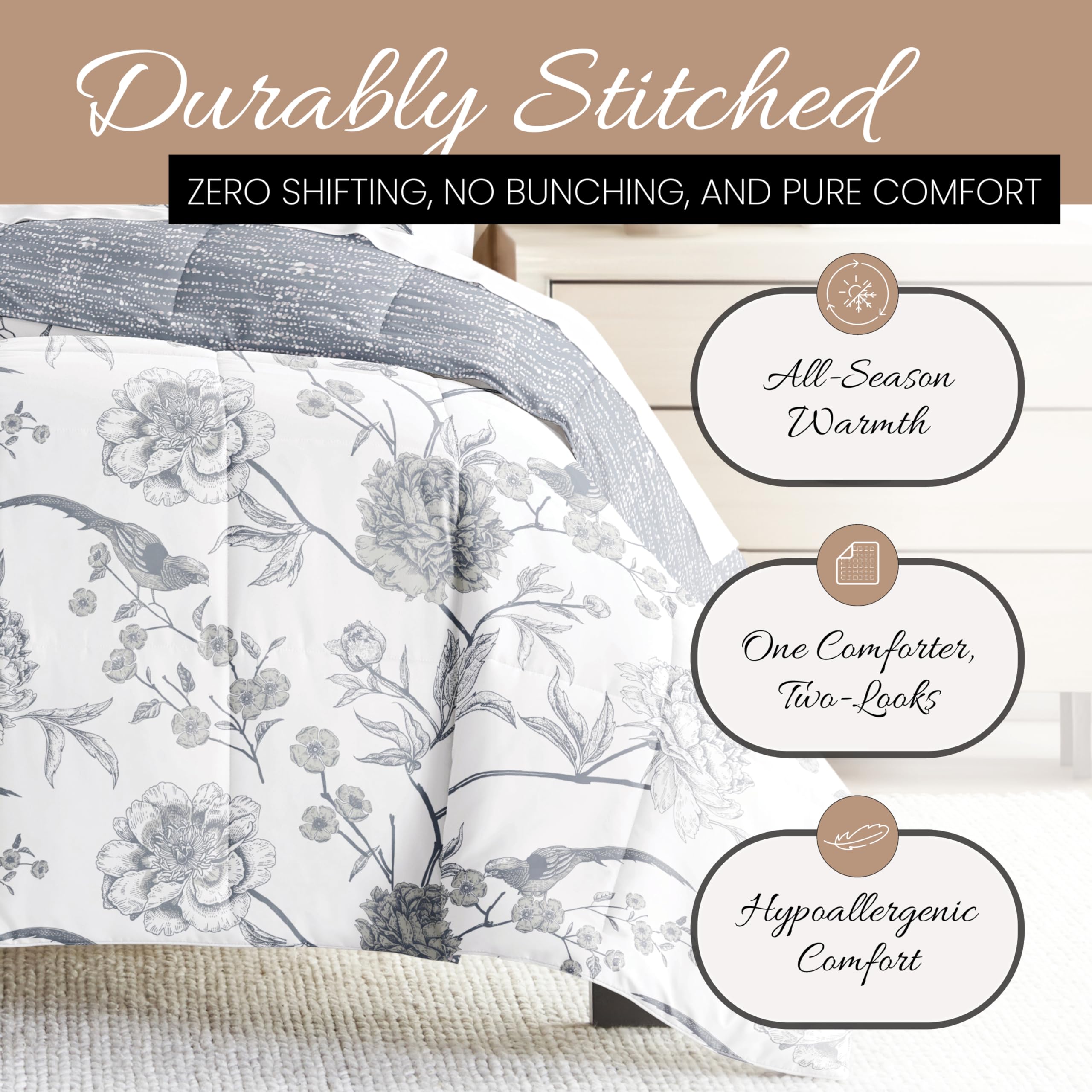 Luxury Reversible King Size Comforter Set (3 Piece) - Soft Lightweight Down Alternative Bedding - Includes King Comforter & 2 Pillow Shams - Perfect for Master Bedroom, Guest Room & Cozy Home Decor
