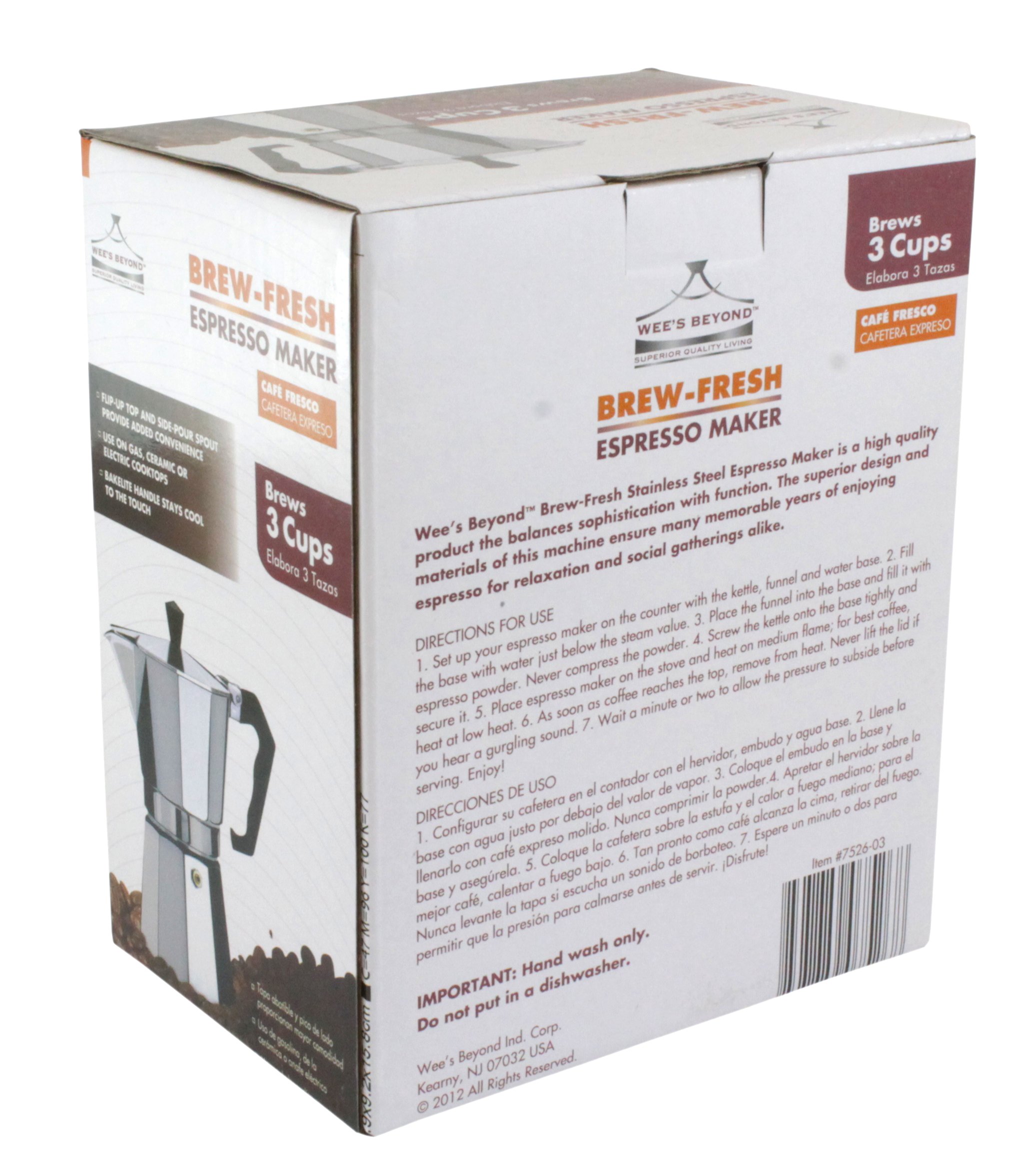 Wee's Beyond 7526-03 Brew-Fresh Aluminum Stovetop Espresso Maker, 3 Cup Capacity, Silver - Perfect for Home Coffee Brewing & Camping Trips