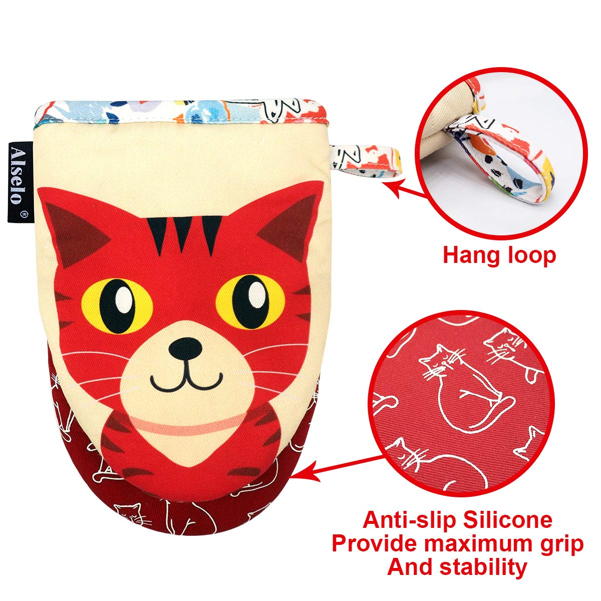 Heat Resistant Mini Oven Mitts Set of 2 - Non-Slip Silicone Kitchen Gloves with Soft Quilted Cotton Lining for Baking, Grilling & Cooking - Perfect for Home, BBQ & Kitchen Safety (Red)