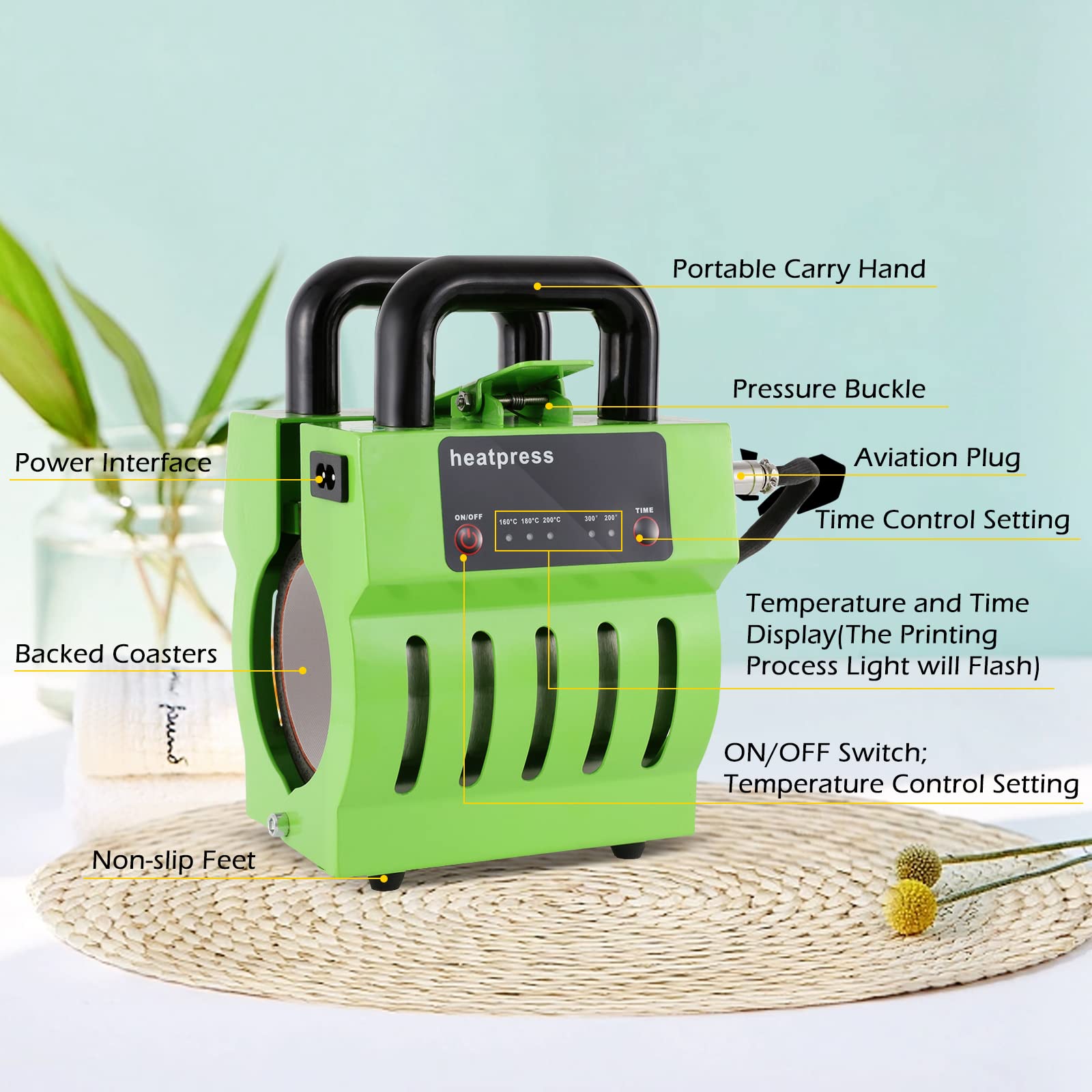Dyna-Living Portable Sublimation Mug Press Machine for 10oz-12oz Ceramic Mugs - Mini Heat Press for DIY Custom Mugs, Baking Cups & Ironing - Perfect for Home Crafting, Small Business & Gift Making (Green)