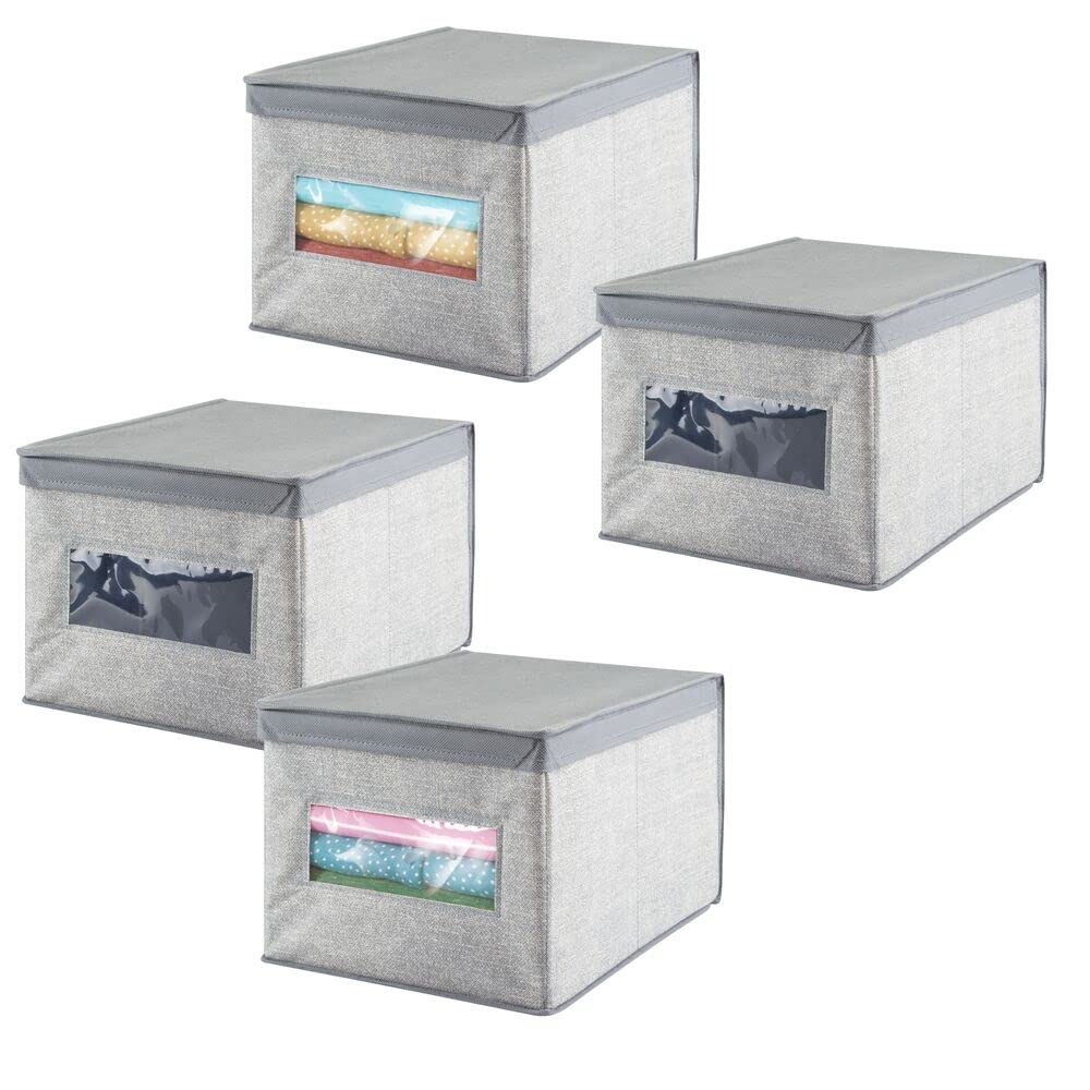 mDesign Soft Fabric Stackable Closet Storage Organizer with Clear Window & Hinged Lid - 4 Pack Gray Storage Bins for Bedroom, Hallway, Closet Organization - Space Saving Home Storage Solution for Clothes, Toys, Shoes & Accessories