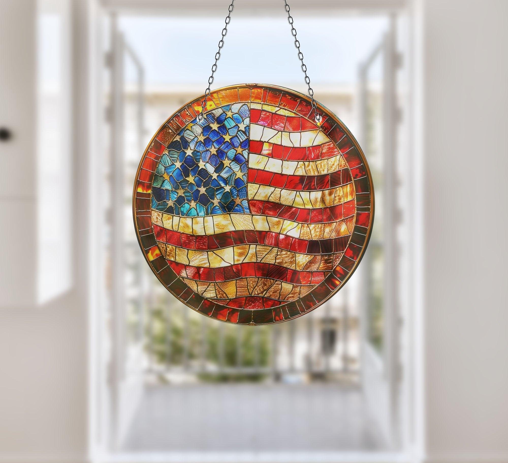 American Flag Suncatcher - Patriotic Window Decor for Home & Office - Perfect for Independence Day, Memorial Day & Veterans Day Celebrations