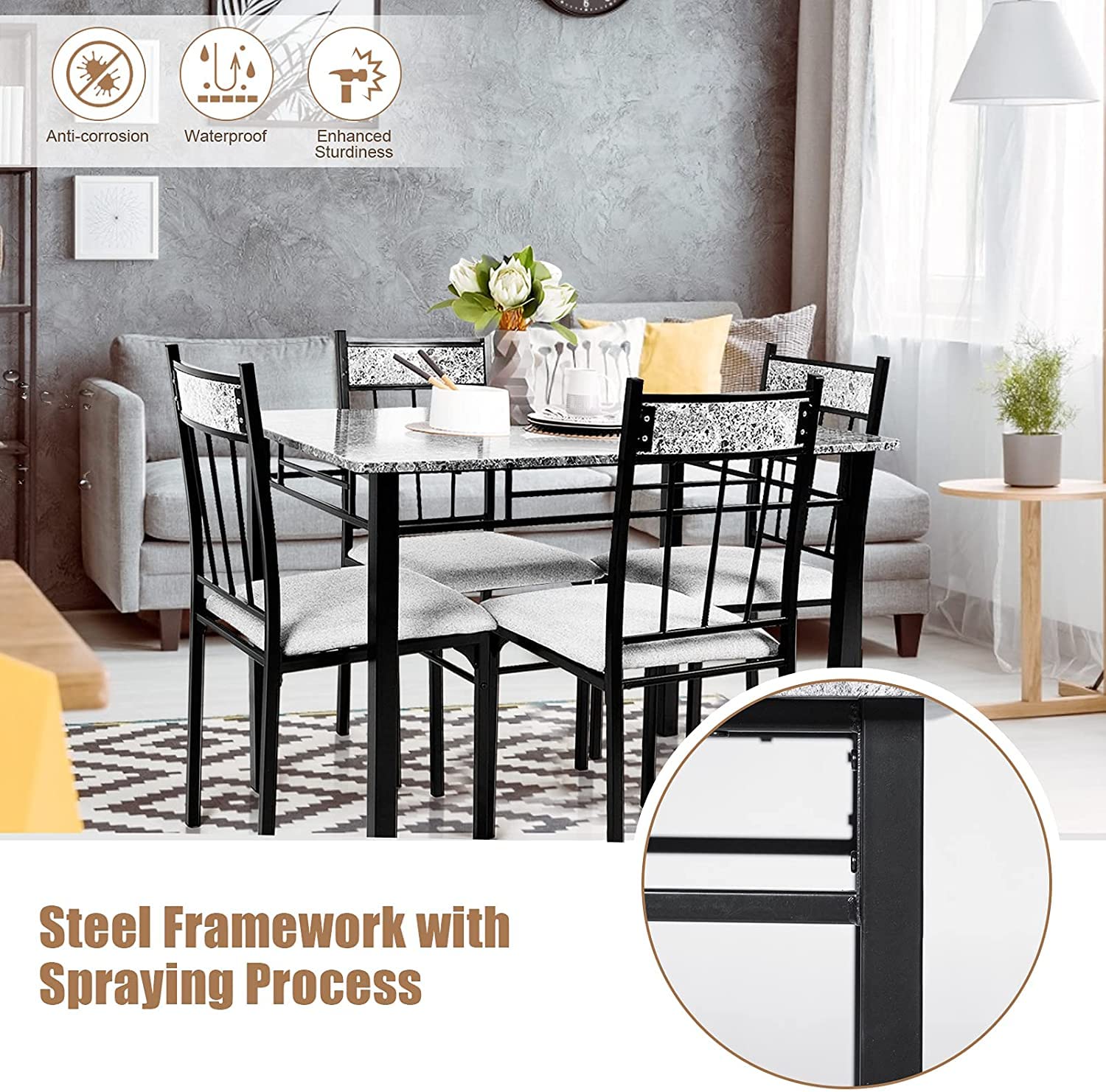 Modern 5-Piece Marble Dining Table Set with Sponge Cushion - Kitchen & Dining Room Furniture for Apartment, Restaurant, Living Room | Perfect for Family Gatherings, Dinner Parties & Small Space Dining