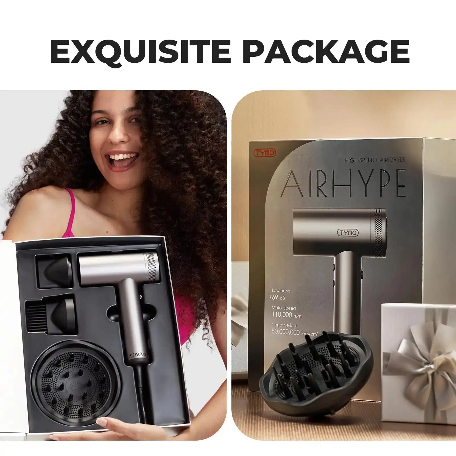 Tymo Airhype Lite Hair Dryer with 3 Nozzles - Professional Styling for Smooth, Voluminous Hair at Home & Salon