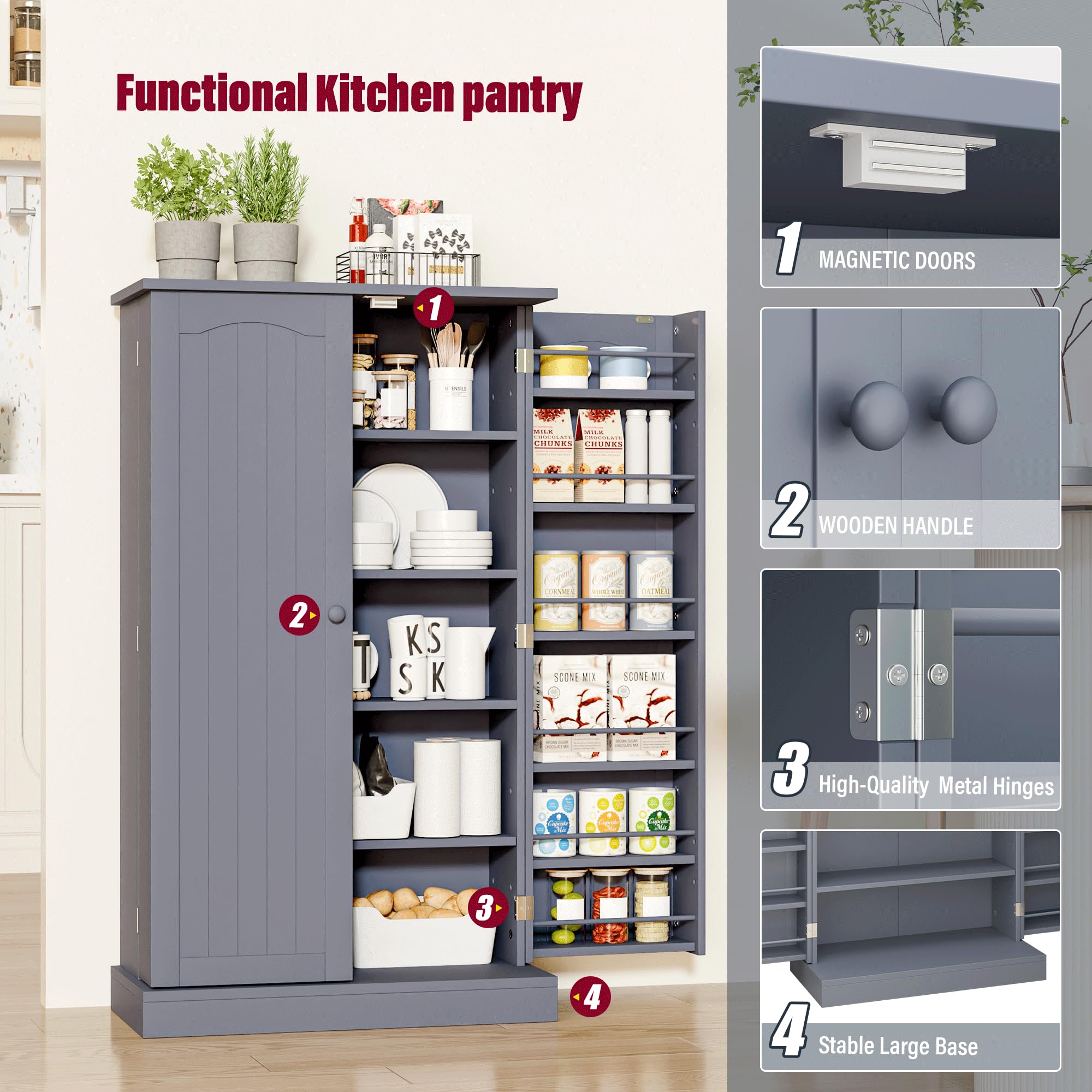 HOME BI Kitchen Pantry Cabinet - Grey Storage Cupboard with Doors & Adjustable Shelves for Kitchen, Dining Room & Living Room - Perfect for Organizing Spices, Dishes & Home Essentials