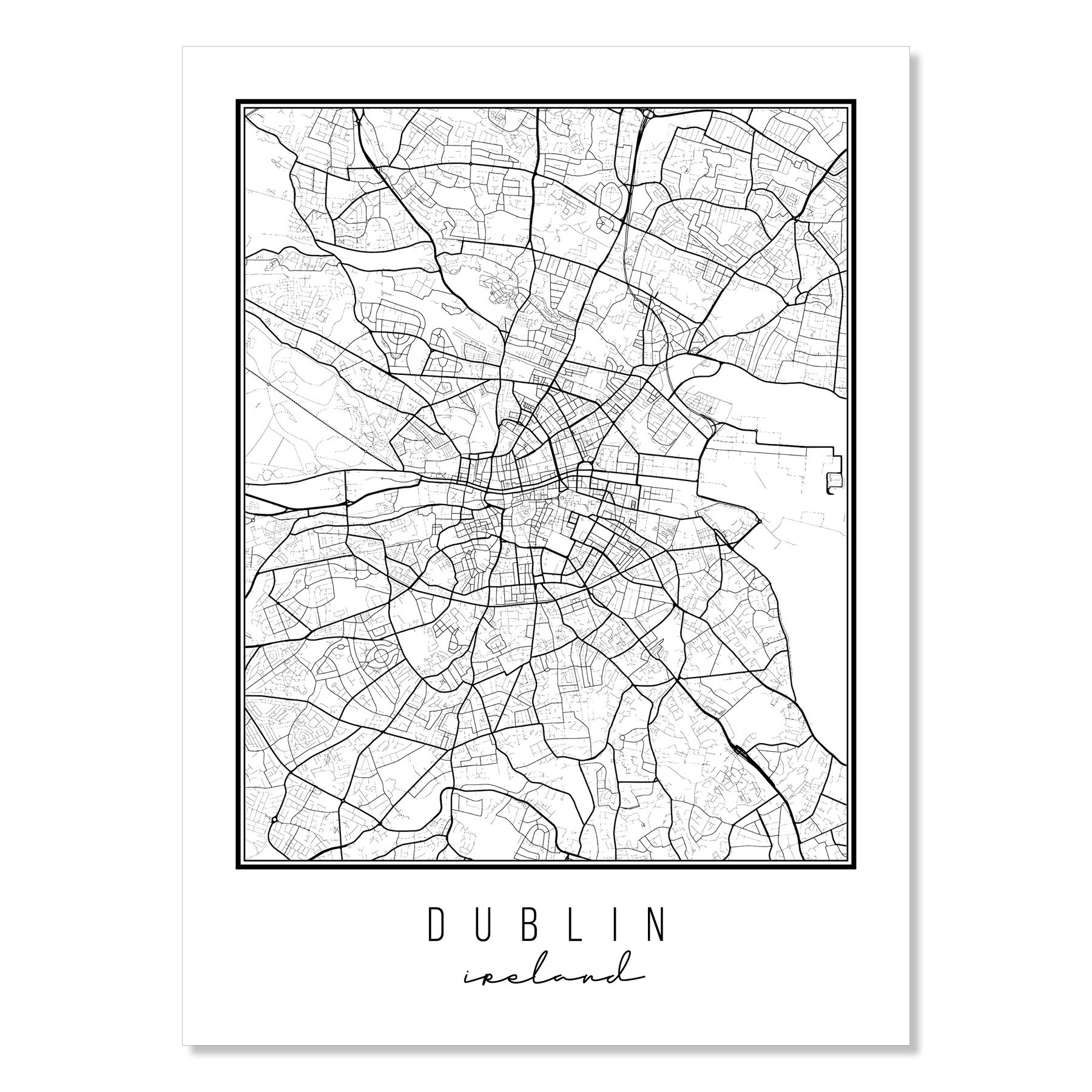 Dublin Ireland Street Map - Black and White Print Wall Art | Unframed City Map Poster | Perfect for Home Decor, Office, Travel Gifts & Irish Pride Displays