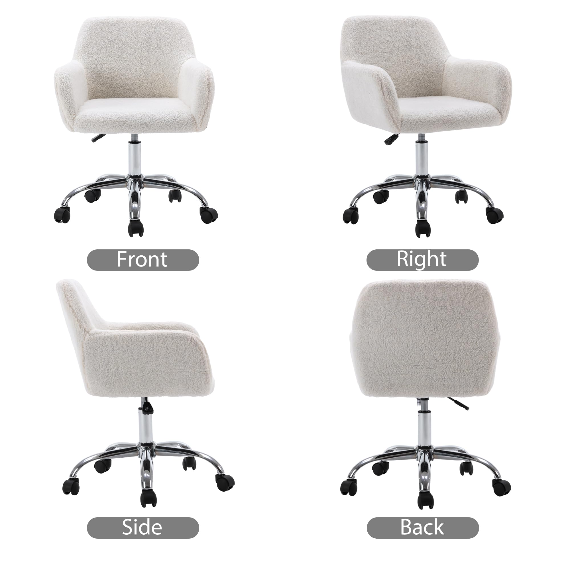 KCC Faux Fur Vanity Makeup Desk Chair - Fluffy Swivel Office Chair with Wheels, Adjustable Height Upholstered Armchair for Women Girls, Elegant Home Office & Bedroom Decor (Pink, White)