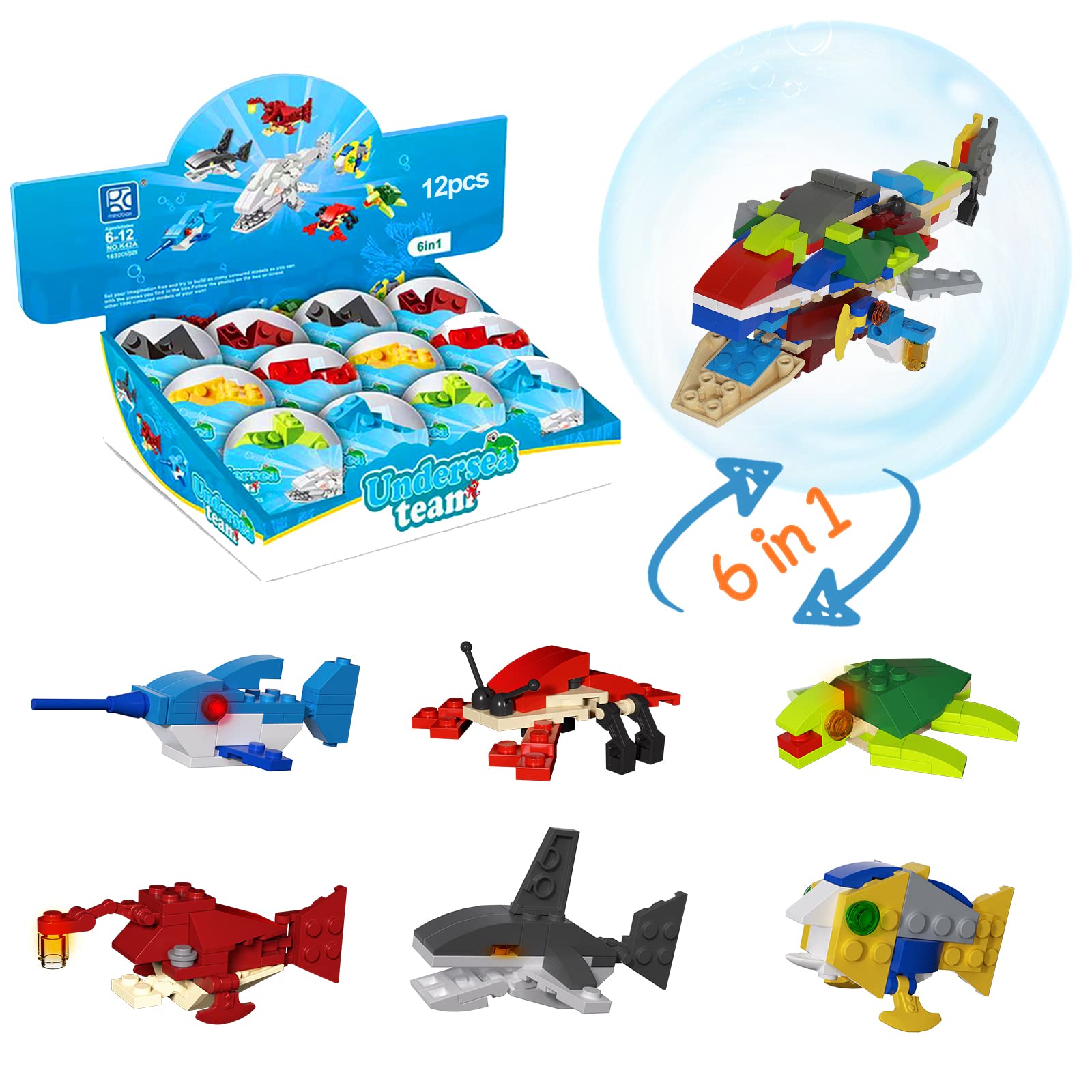 VONADO 12-Pack Prefilled Easter Eggs with Sea Animal Building Blocks - Shark, Turtle, Anglerfish, Swordfish, Clownfish & Lobster Toys - Perfect Kids Gifts for Classroom Exchange, Valentine's Party Favors & Easter Egg Hunts