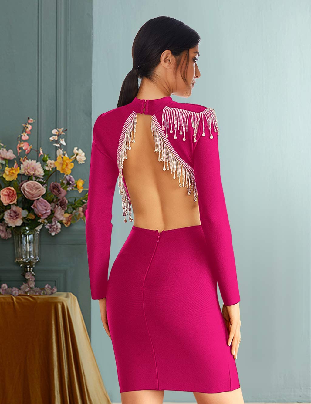 Meilun Women's Long Sleeve Bandage Bodycon Dress with Beaded Tassel Details - Winter Party Dress for Club Nights, Holiday Events & Cocktail Parties