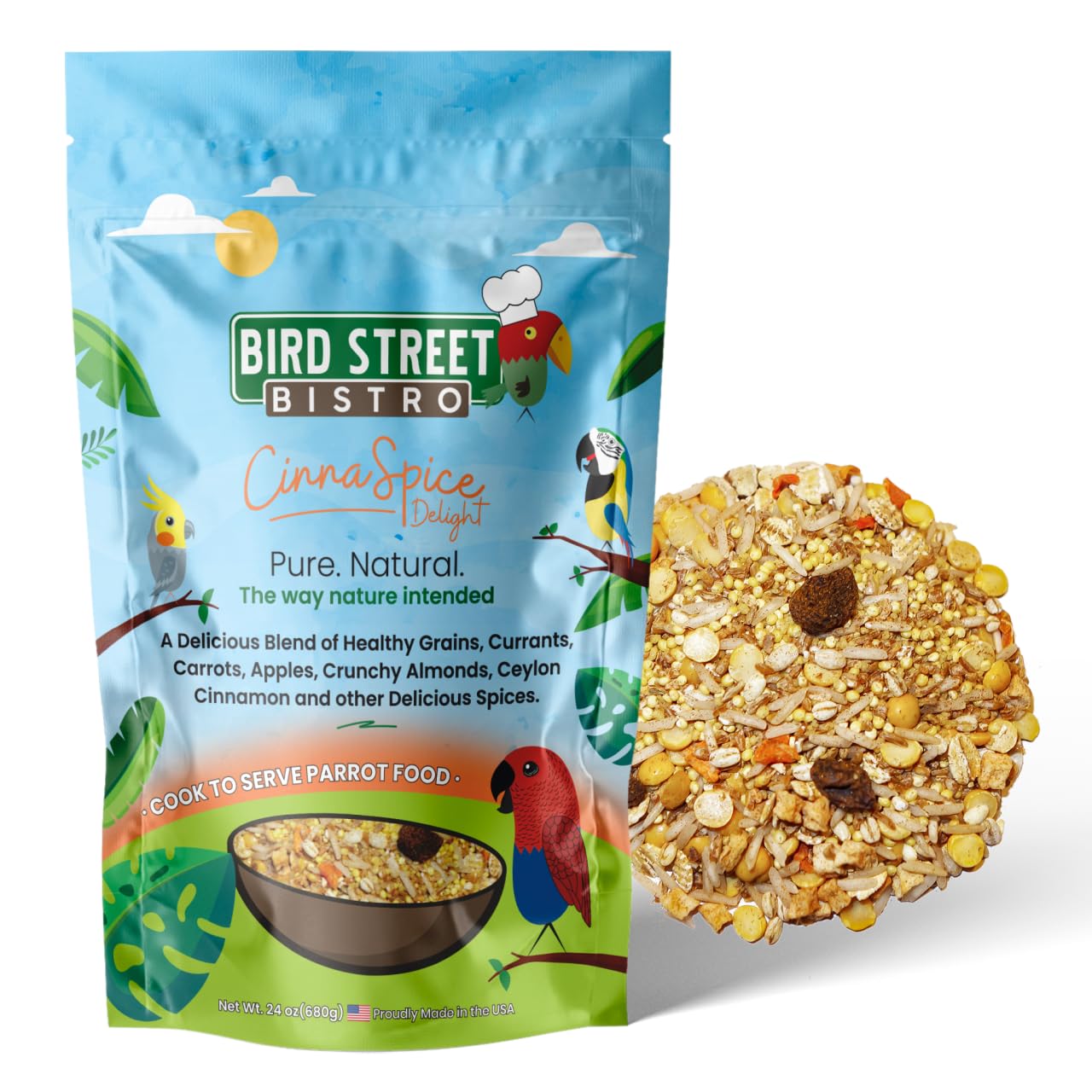 Premium Organic Parrot Food for Parakeets & Cockatiels - Non-GMO Natural Grains, Legumes, Fruits & Vegetables - Ready in 3-15 Minutes - Healthy Bird Diet for Daily Feeding & Training Treats