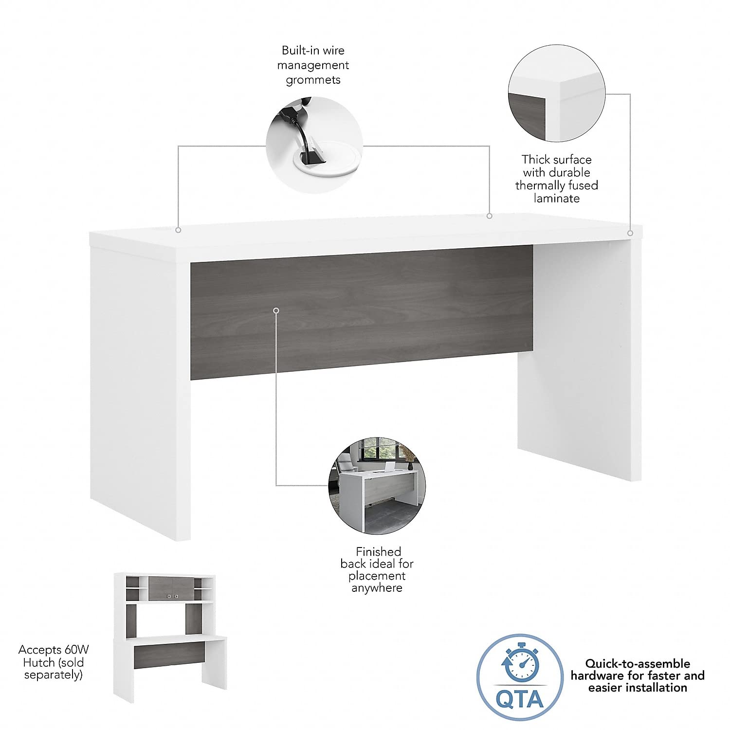 Bush Furniture Credenza Office Table with Wire Management | Echo Collection Computer Desk for Home Office - Easy Assembly (60W x 24L x 30H) | Perfect for Small Spaces & Home Office Organization