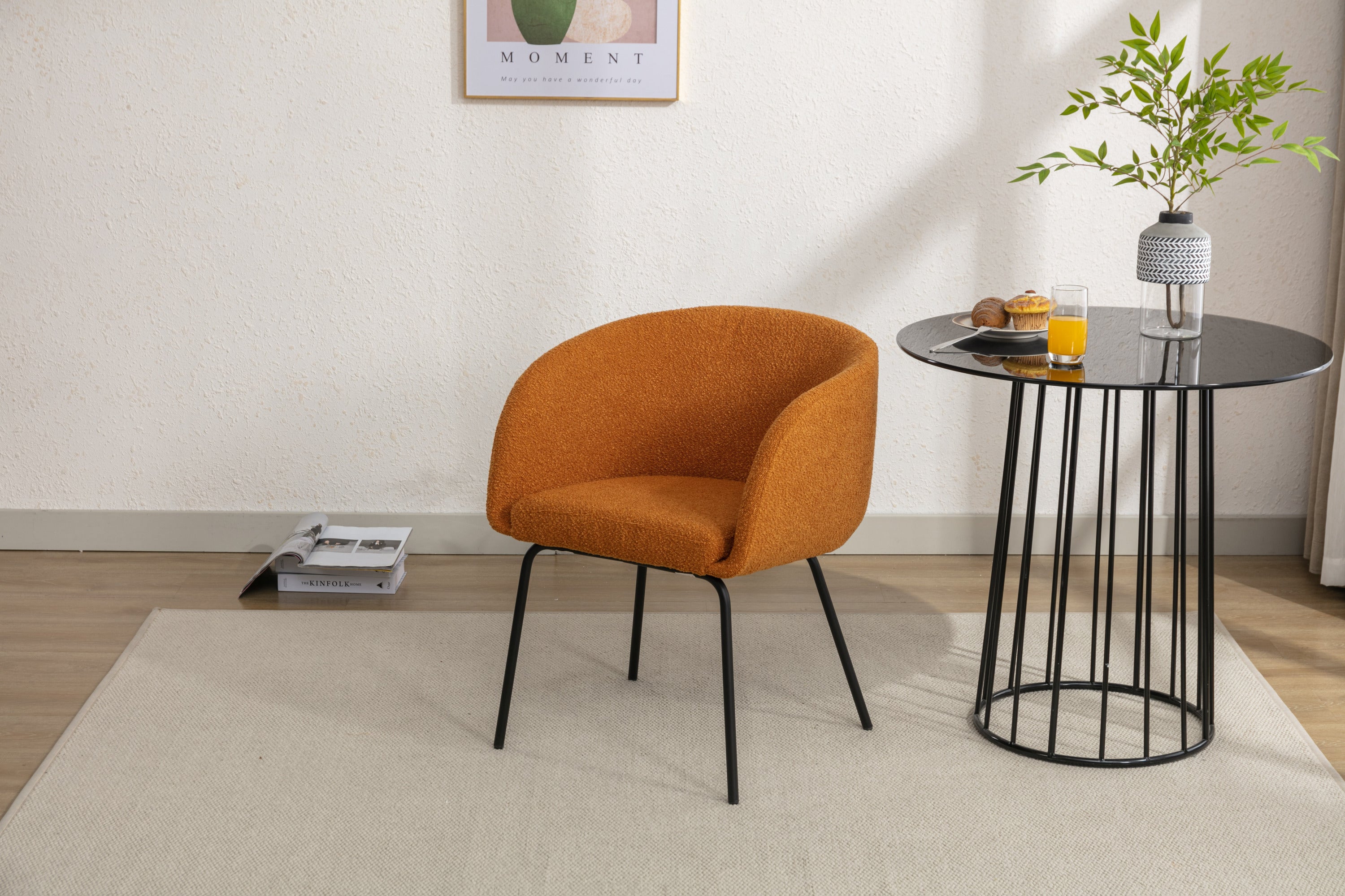 039 Set of 1 Boucle Fabric Dining Chair With Black Metal Legs - Modern Upholstered Accent Chair for Dining Room, Kitchen, Office or Living Room