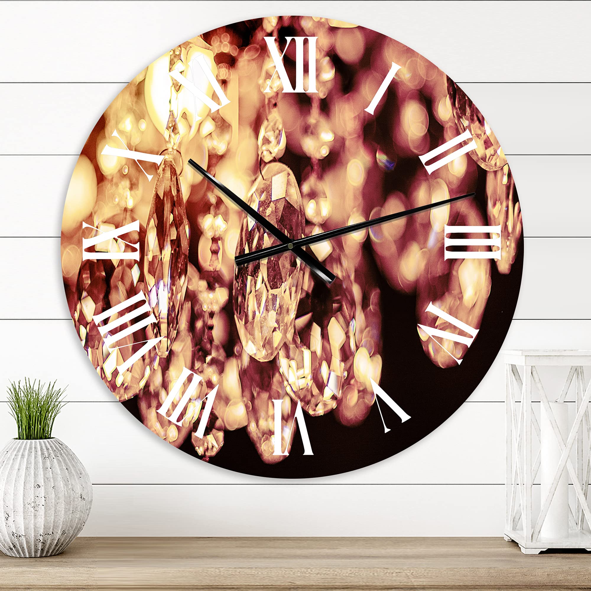 DesignQ Modern Wall Clock - Bright Chandelier with Crystal Hanging, Abstract Fractal Large Wall Clock for Home & Office Decor | Perfect for Living Room, Bedroom, Dining Area