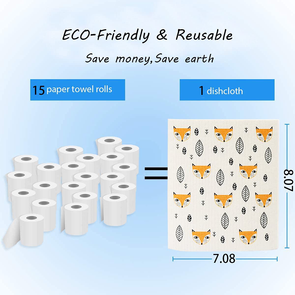 Eco-Friendly Swedish Dishcloths Set of 4 - Super Absorbent, Fast Drying, Odor-Free Reusable Kitchen Towels for Dishes, Countertops & Cleaning (Fox Design) - Perfect for Green Homes & Sustainable Living