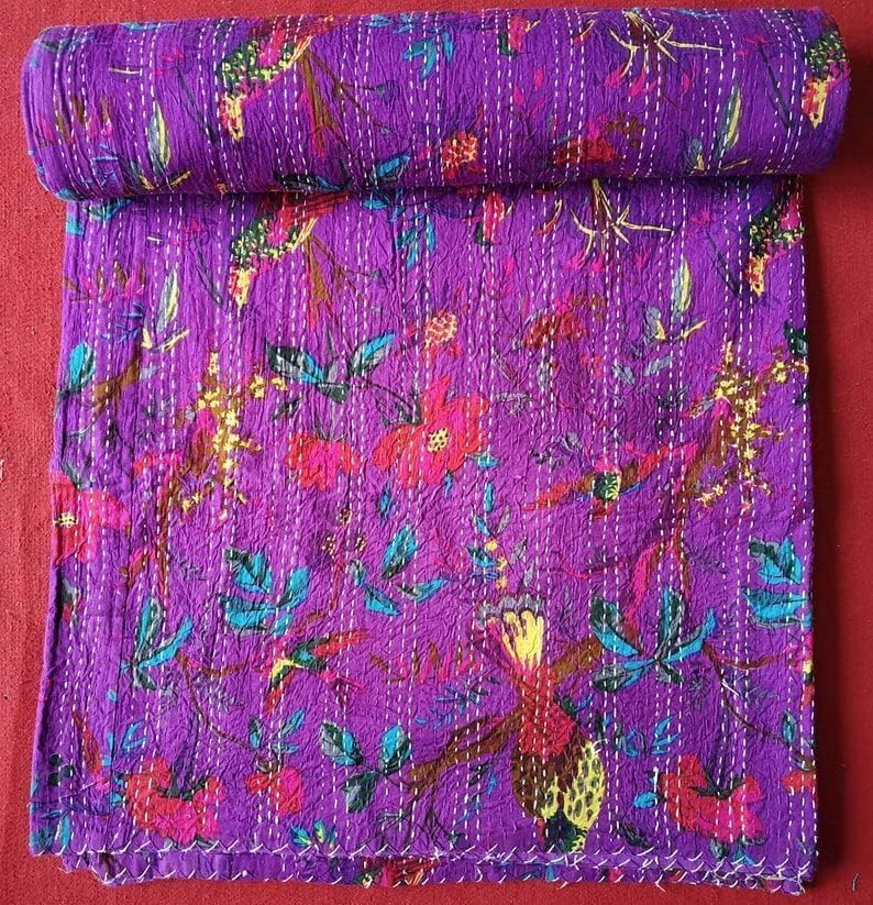 Handmade Indian Cotton Kantha Quilt - Reversible King Size 108x108 Inch Purple Bedspread with Bird Print | Boho Chic Throw Blanket for Bedroom Decor, Sofa Cover & Cozy Home Accent