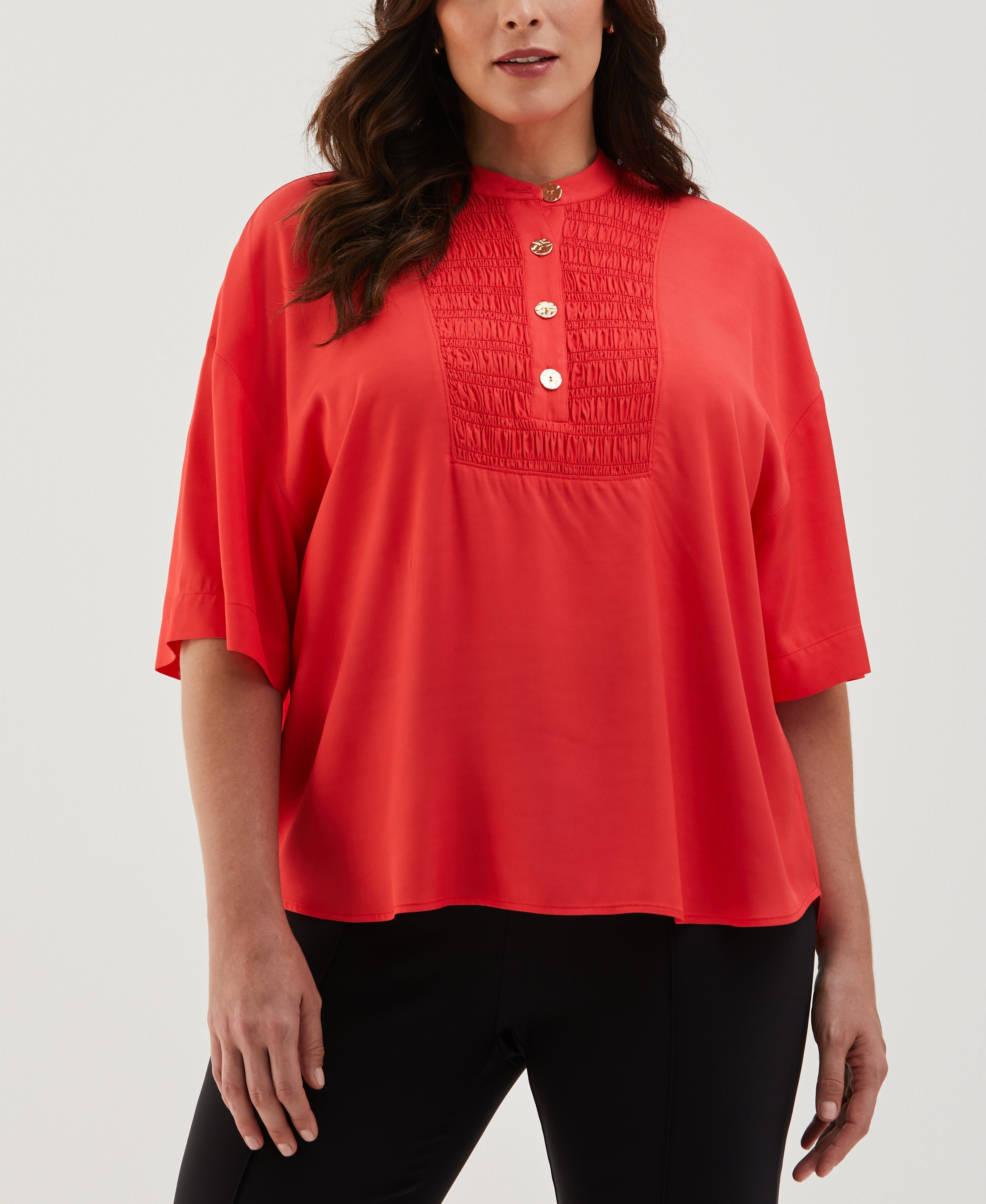 Plus Size Smocked Banded Collar Top for Women - Flattering Casual & Dressy Blouse for Curvy Figures | Perfect for Office, Date Night & Special Occasions