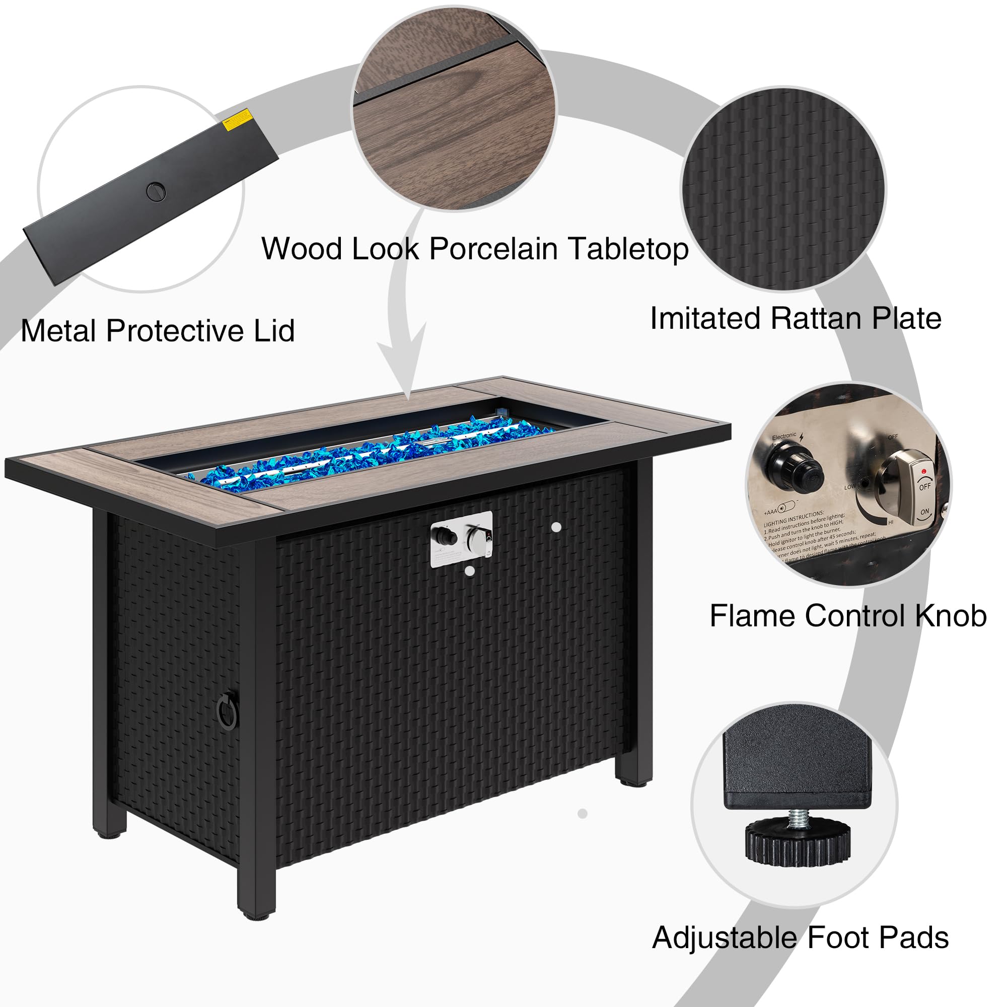 Meilocar 45-inch Outdoor Propane Fire Pit Table with Glass Wind Guard & Rain Cover - 50,000 BTU 3-in-1 Fire Table for Patio, Yard, or Balcony - Walnut Tabletop - Perfect for Backyard Gatherings, Camping, and Outdoor Relaxation