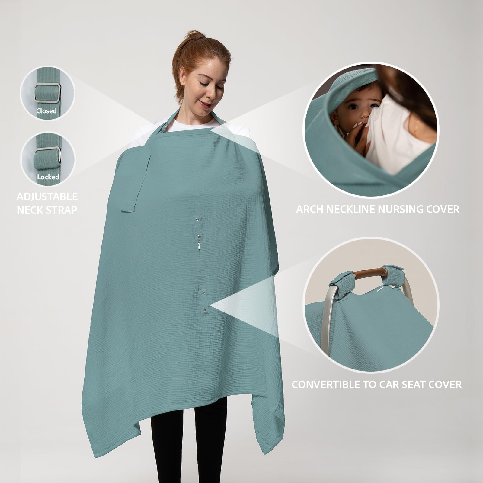Nilsa 5-in-1 Muslin Nursing Cover for Breastfeeding & Baby Car Seat - 100% Cotton Breathable Nursing Cover with Rigid Hoop - Privacy Apron for Nursing Moms (Mint Green) | Perfect for On-the-Go Feeding, Shopping & Travel