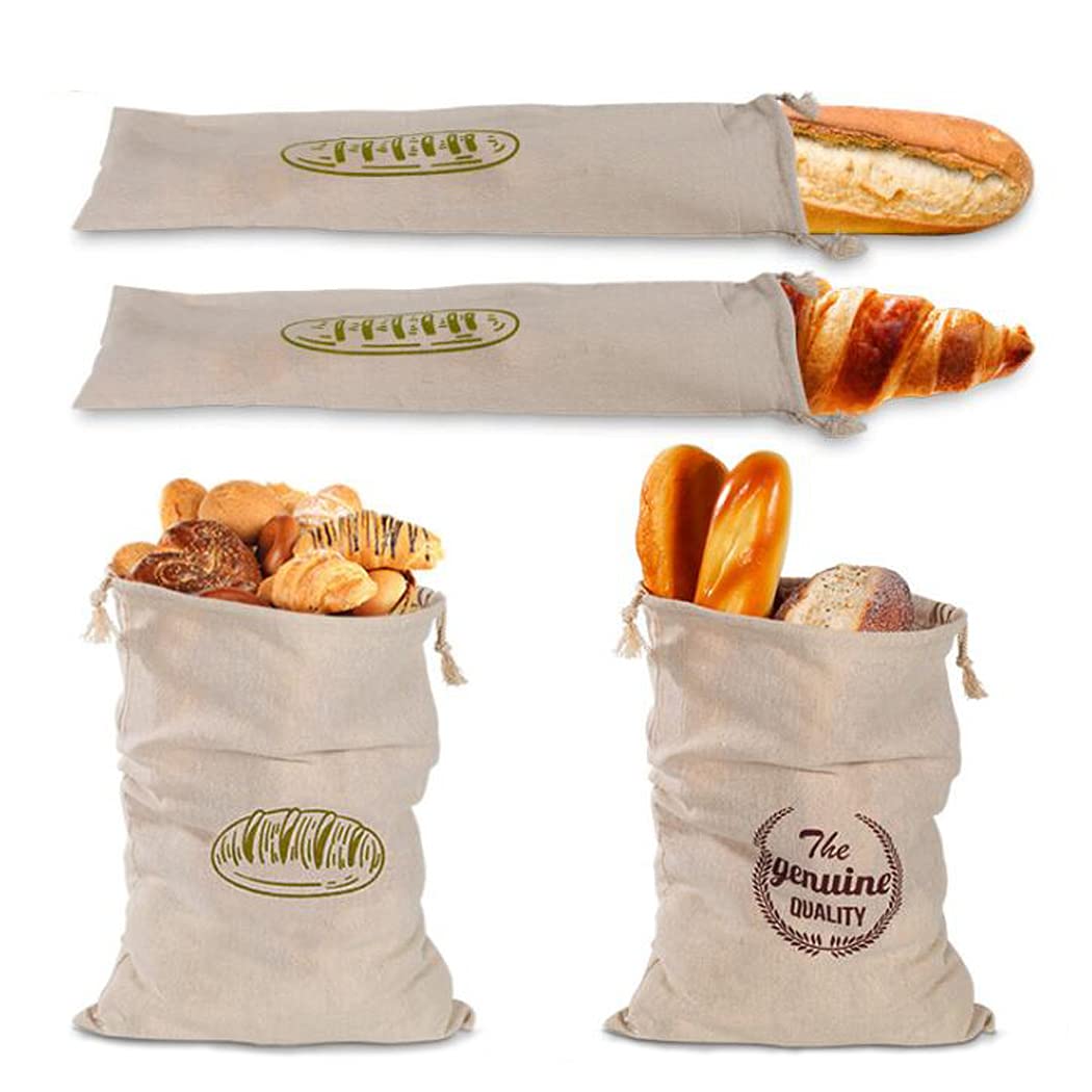 Hoshen 2 Pack Reusable Cotton Bread Bags for French Baguette - Eco-Friendly Food Storage Drawstring Pouches in Green & Red - Perfect for Picnics, Bakeries & Home Kitchen Use