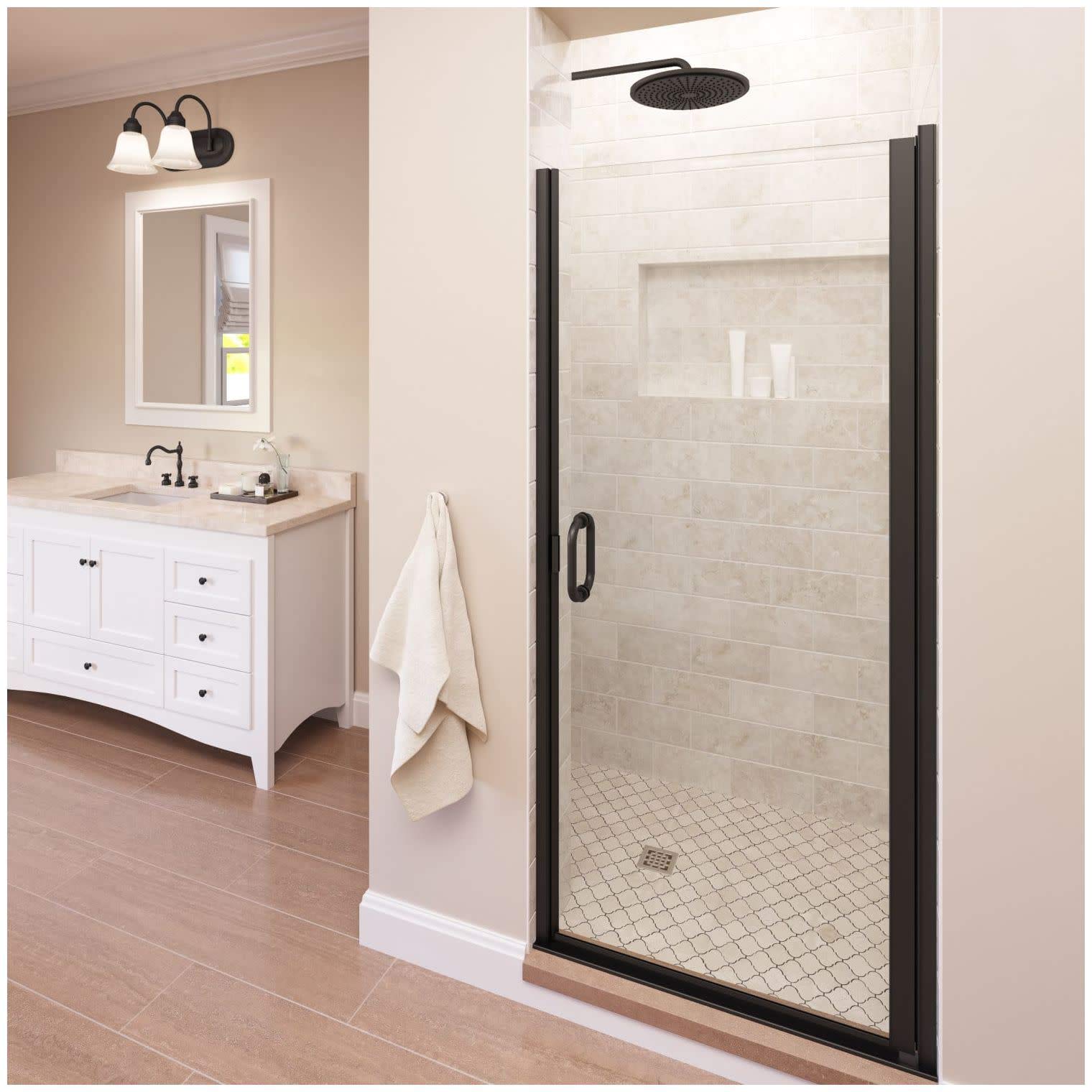Basco Infinity 33-34 Inch Semi-Frameless Shower Door - Clear Glass with Oil Rubbed Bronze Finish for Bathroom Remodeling & Modern Home Upgrade