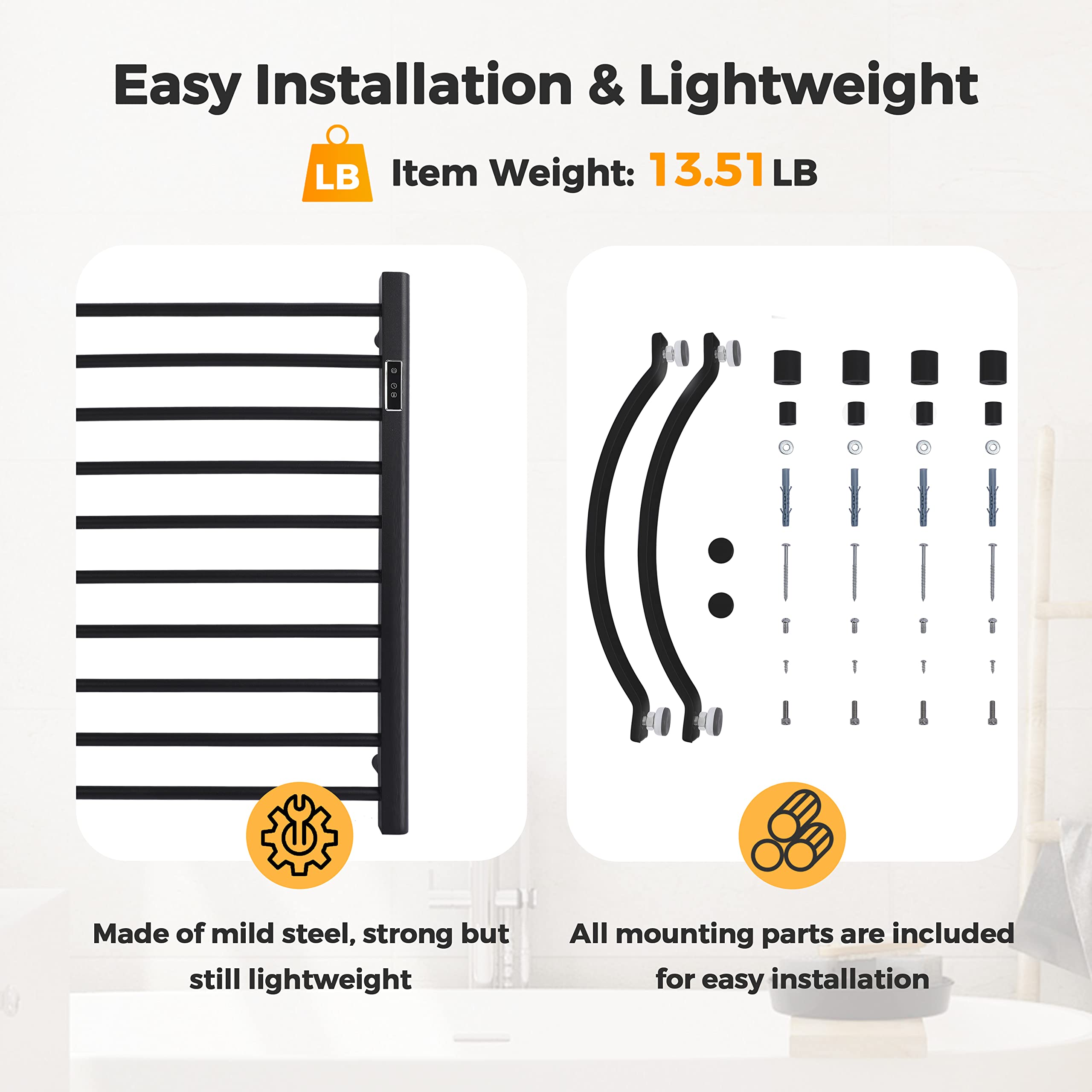 DELAVIN 10 Bars Electric Towel Warmer with Timer & Temperature Control - Wall Mount or Standing Heated Towel Rack - Hardwired & Plug-in Options - Mild Steel Matte Black - Perfect for Bathrooms, Spas & Luxury Home Heating