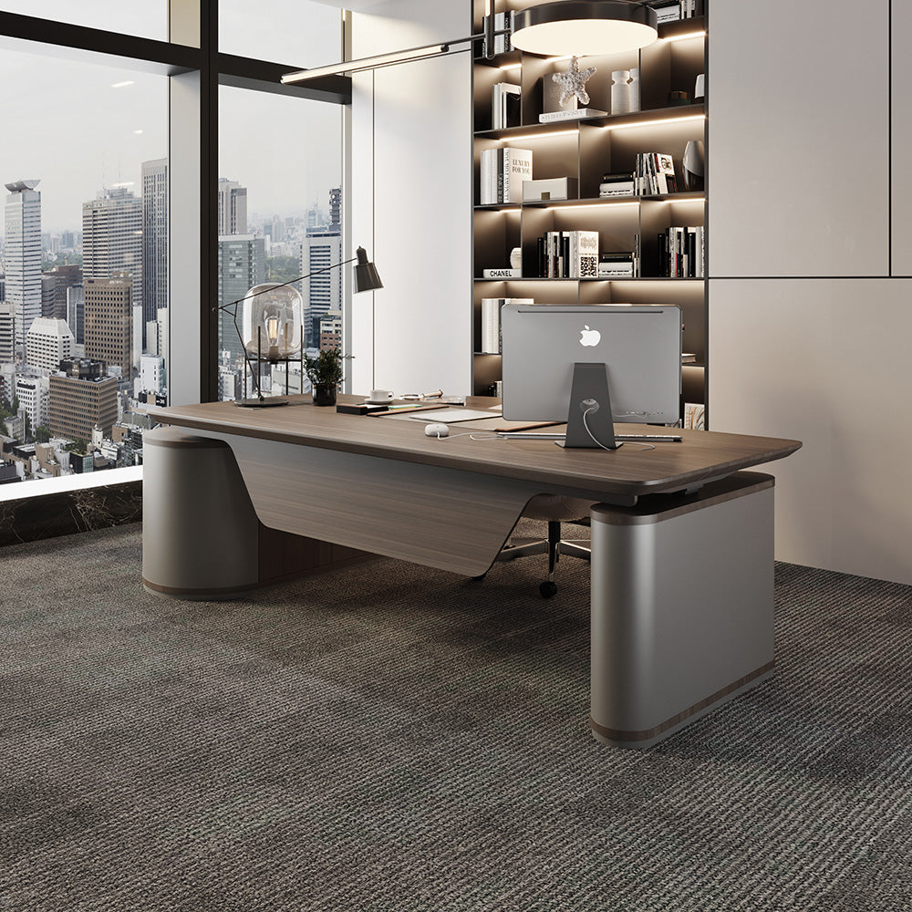 LUCA Electric Height Adjustable Sit Stand Desk 240cm - Hazelnut & Grey Finish, Ergonomic Executive Office Desk with Reversible Return for Home & Workspace
