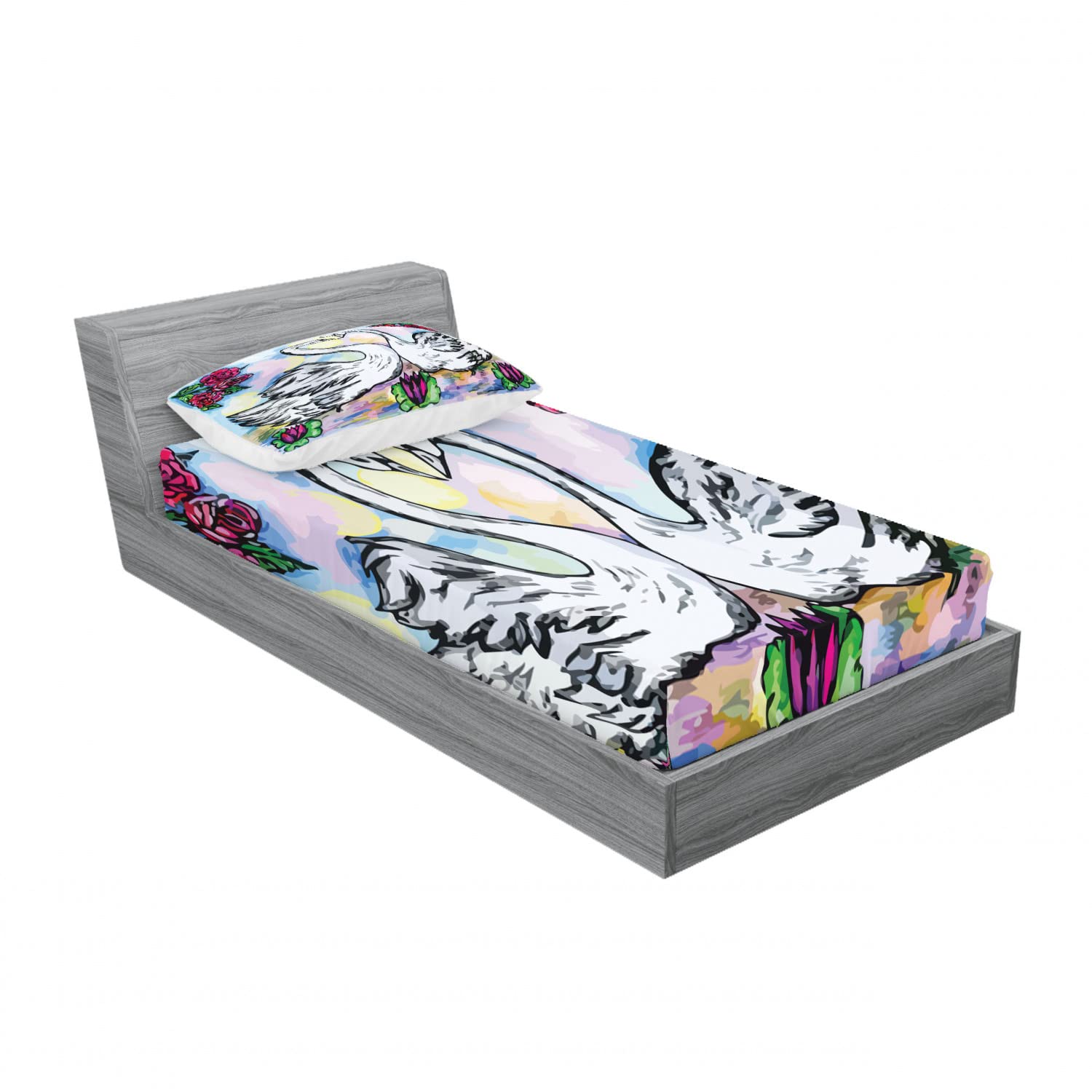 Ambesonne Floral 2-Pack Twin Fitted Sheet & Pillow Sham Set - White Swans Lake Design, 4-Piece Bedding Decor for Cozy Bedroom - Perfect for Guest Rooms, Dorms & Vacation Homes