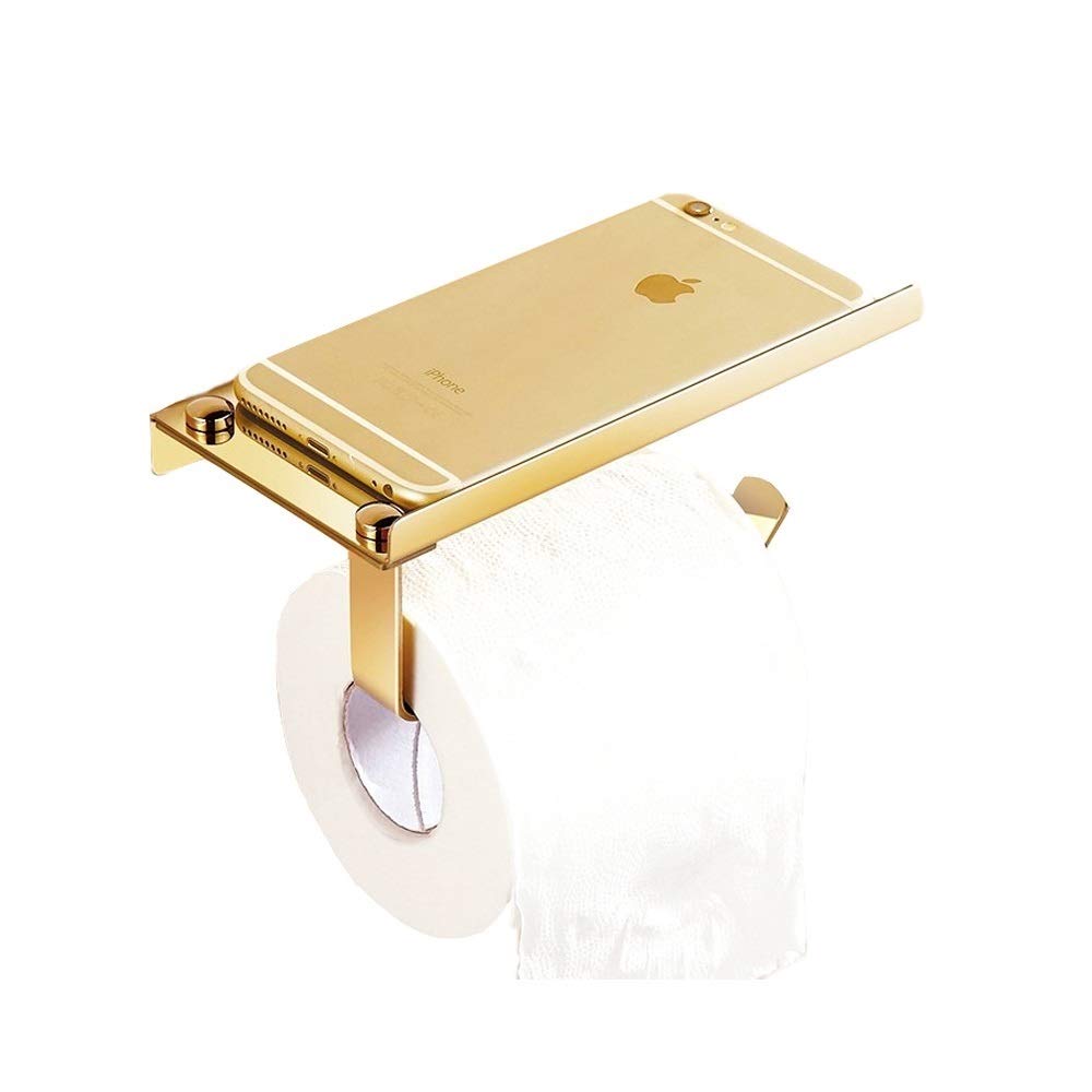 Stainless Steel Wall Mount Toilet Paper Holder with Phone Shelf - 304 Gold Bathroom Tissue Roll Holder - Perfect for Modern Homes, Apartments & Restrooms