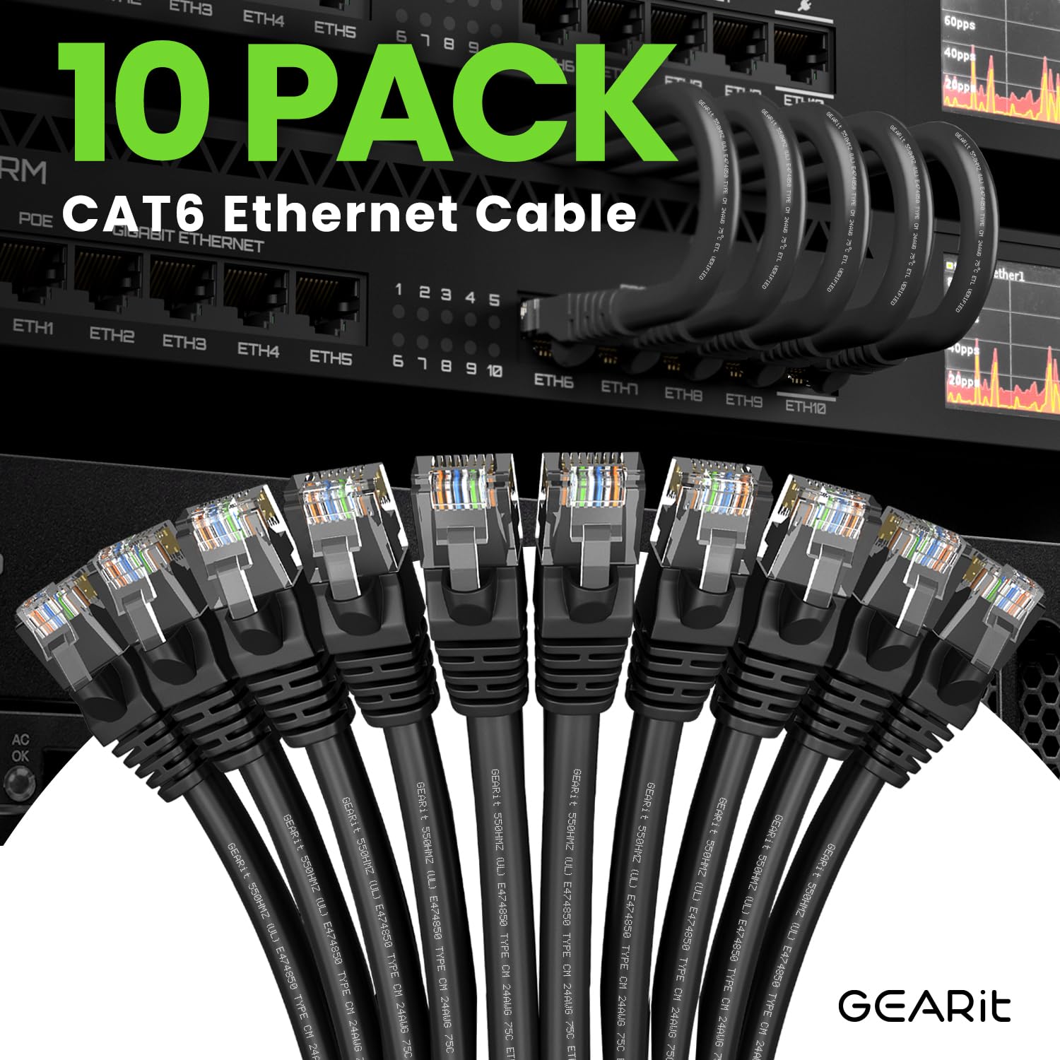 GEARit Cat 6 Ethernet Cable 10-Pack (25 Feet) - 10Gbps High-Speed Internet Cable, Snagless RJ45 Gold-Plated Connectors, Cat6 Network Patch Cord for PC, TV, Router, Gaming, Home Office & Data Center - Black