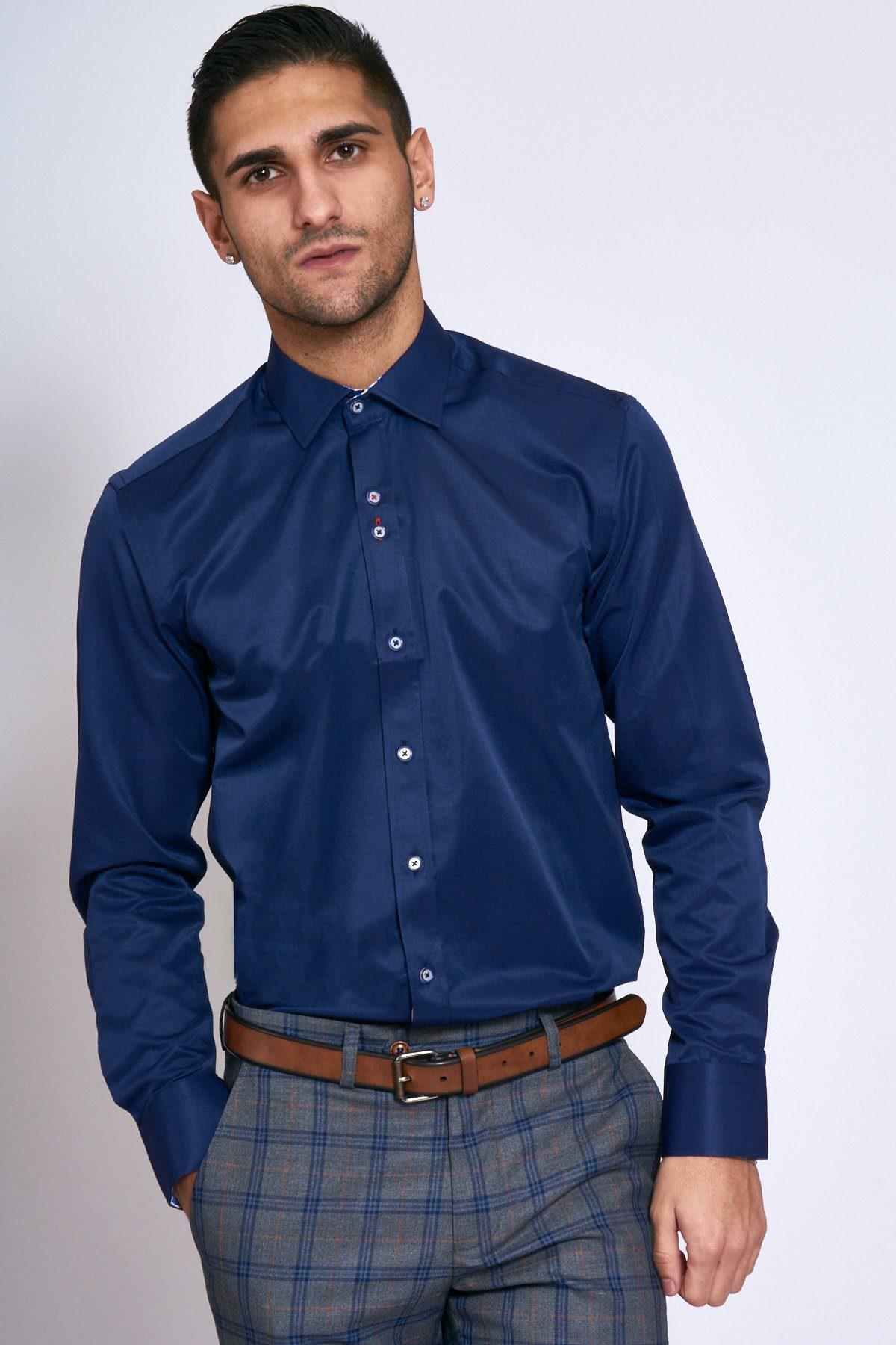 ALFIE Men's Navy Blue Long Sleeve Casual Shirt - Slim Fit Button Down Dress Shirt for Office, Business, and Formal Occasions
