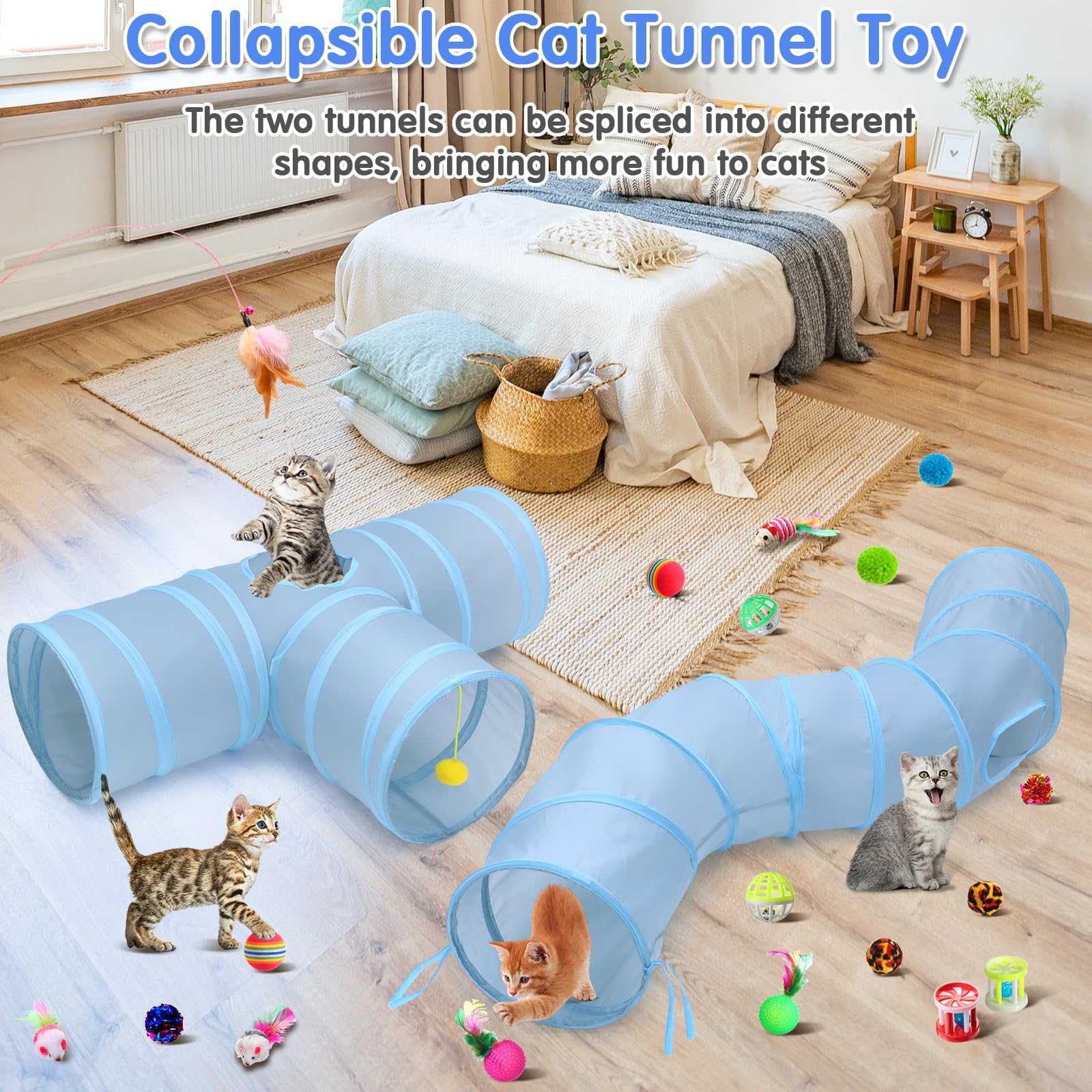 Wettarn 22-Piece Cat Toys Set with 2 Collapsible Tunnels & 20 Interactive Kitten Toys - Includes Feather Mouse, Crinkle Balls, Tubes for Indoor Cats & Puppies (Gray) - Perfect for Playtime, Exercise & Bonding with Your Pets
