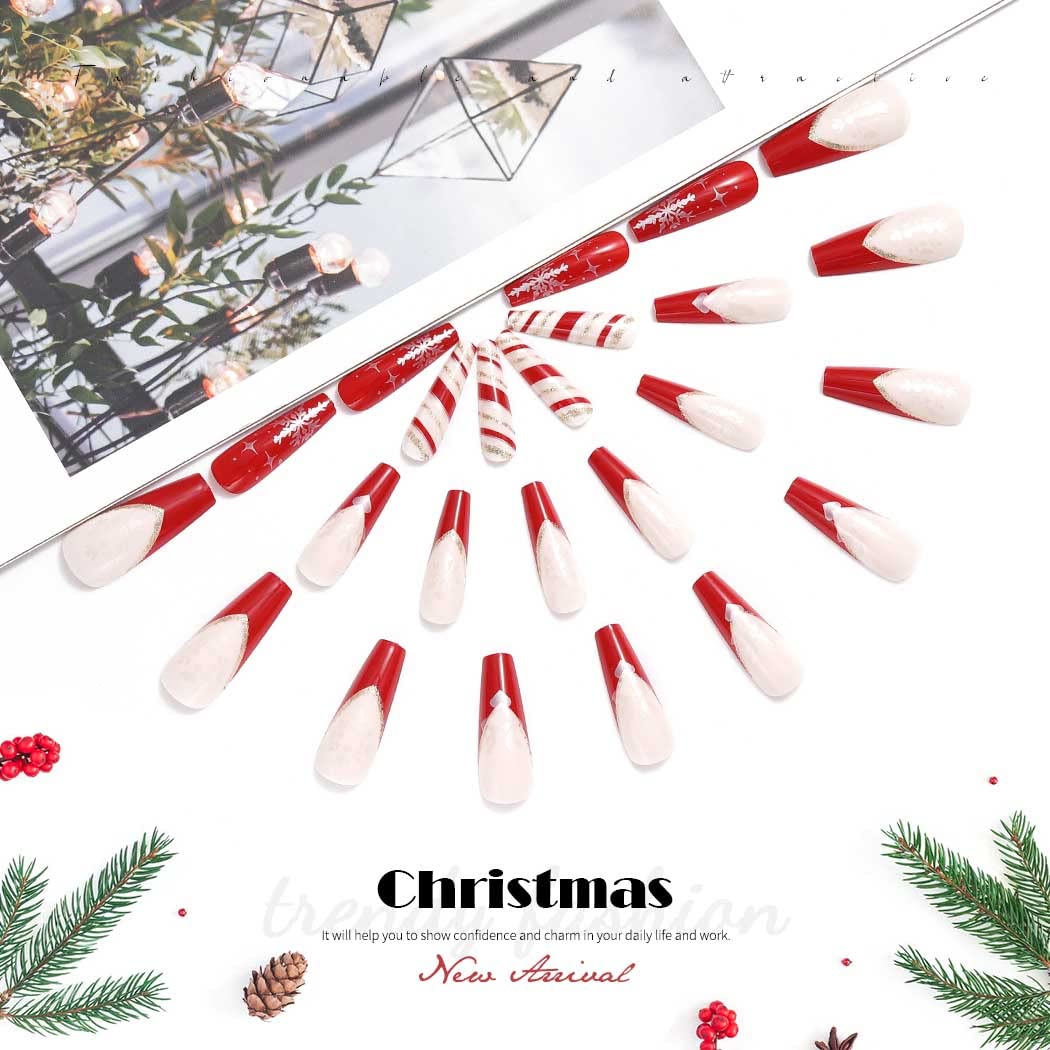 Christmas Press on Nails Long Red Glossy Fake Nails with Snowflake Design - 24Pcs Stick on Nails for Women & Girls - Perfect for Holiday Parties, Gift Giving & Festive Nail Art