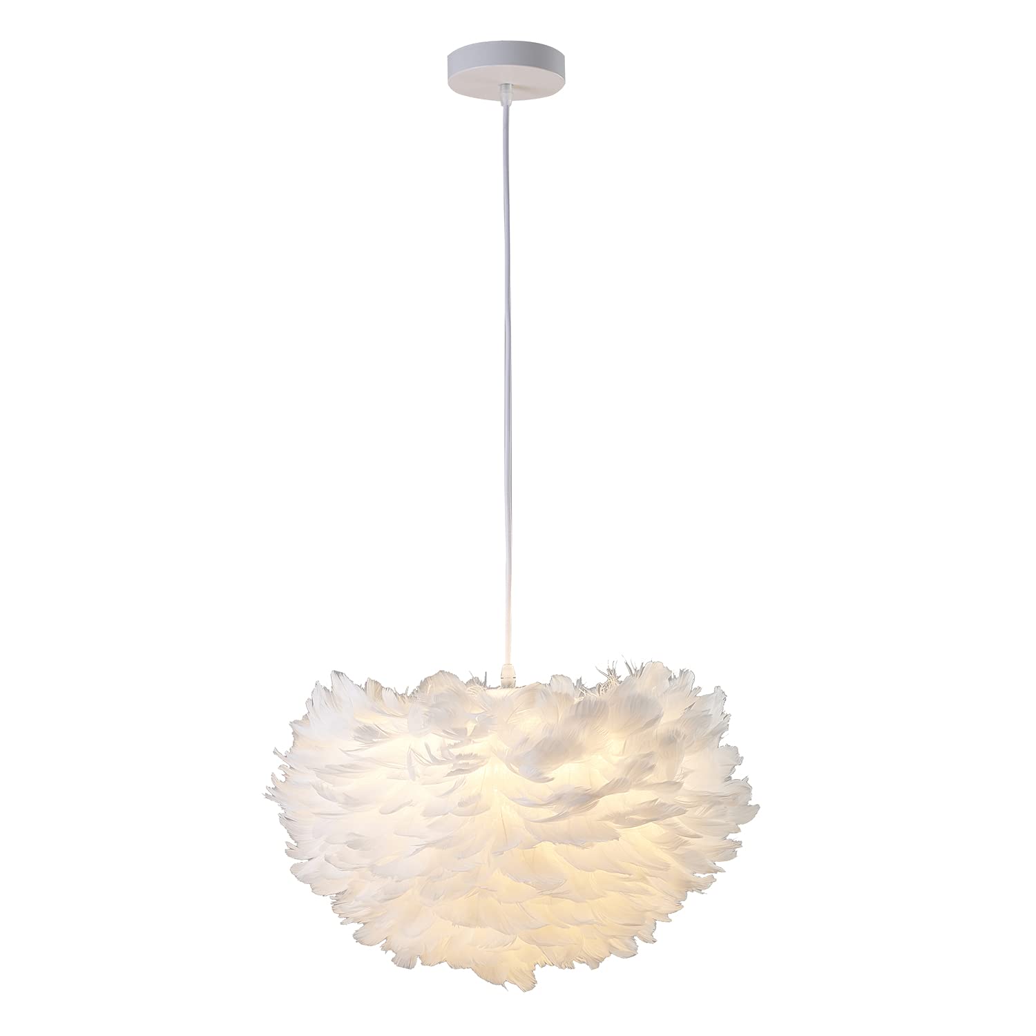 Bethel White Goose Feather Ball Chandelier with White Iron Frame - Elegant Ceiling Light for Dining Room, Bedroom, and Living Room Decor