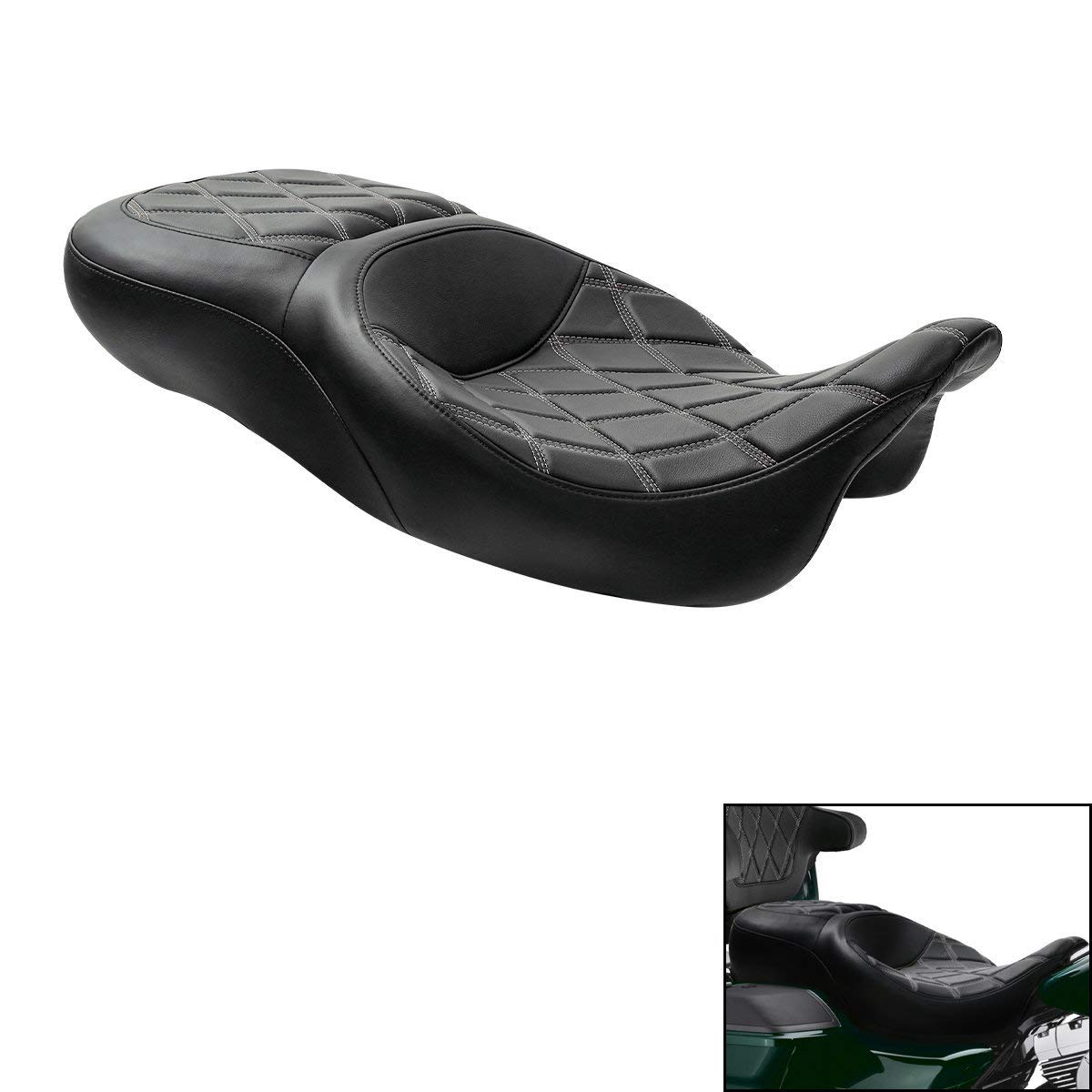 C.C. RIDER Driver Leather Passenger Seat - Fat Diamond 2-Up One-Piece for Harley Touring Road King Street Glide Road Glide Electra Glide 2009-2023 | Comfortable & Durable Motorcycle Seat for Long Rides & Two-Up Touring