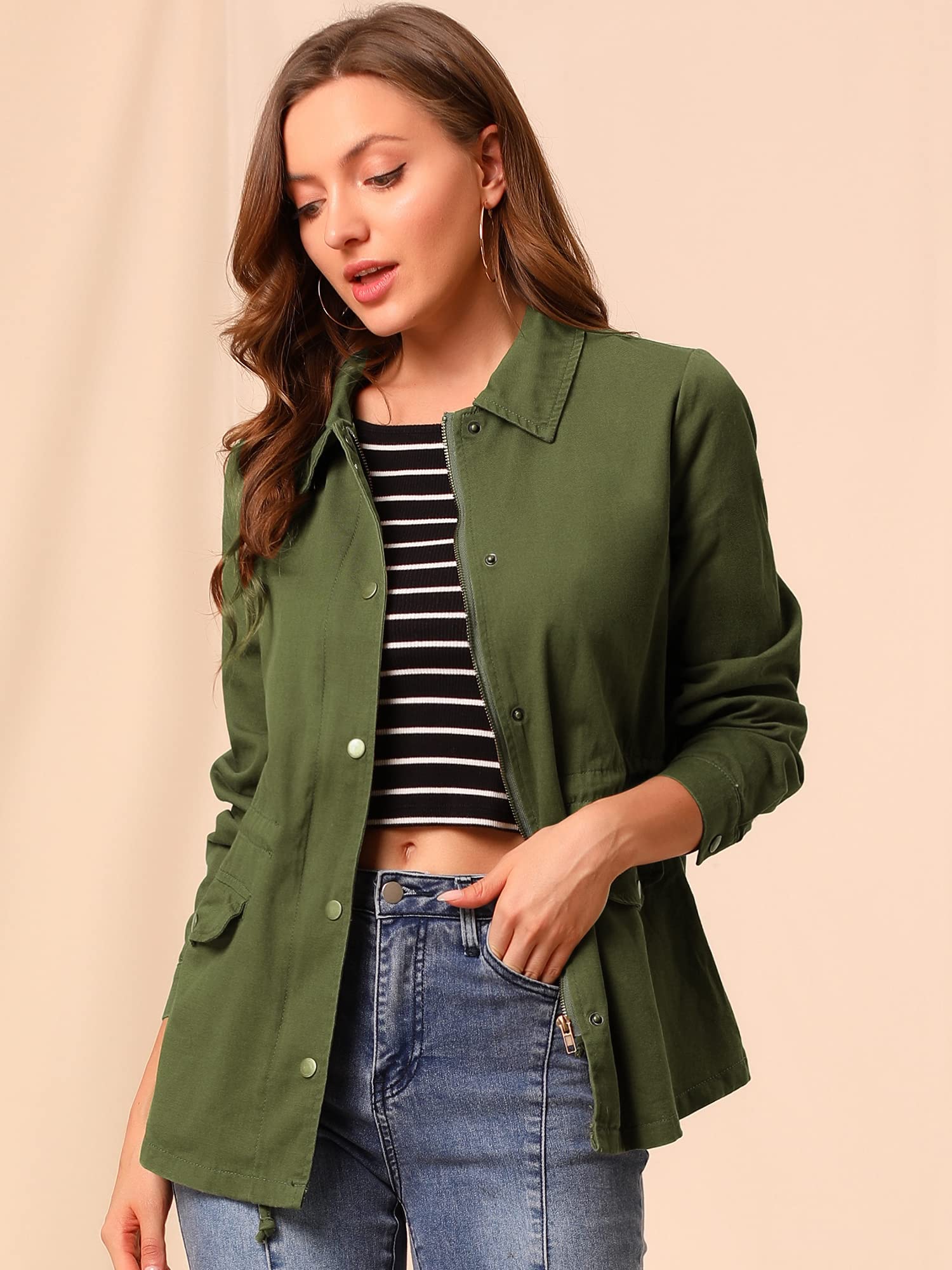 Allegra K Women's Lightweight Utility Jacket with Drawstring Waist & Flap Pockets - Spring 2025 Fashion Outerwear for Casual Wear, Travel & Outdoor Activities
