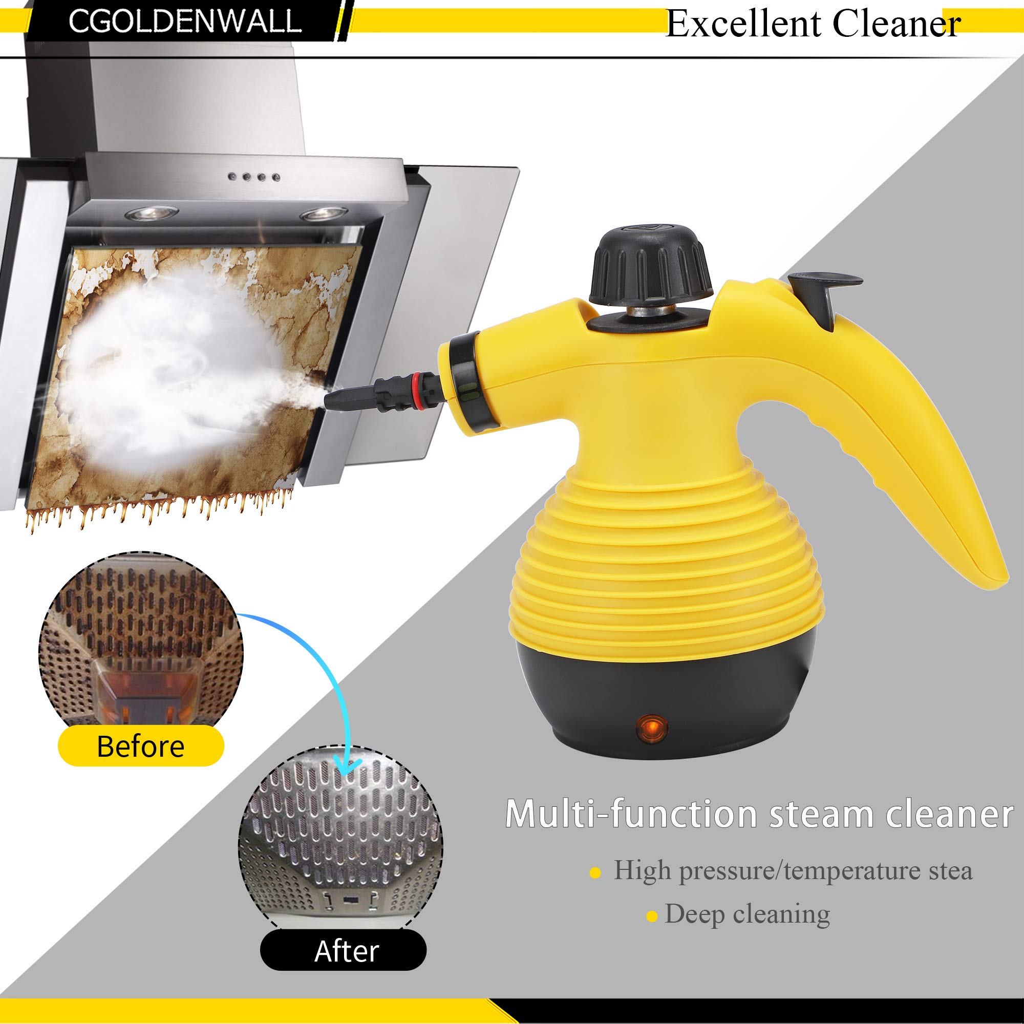 CGOLDENWALL Handheld Steam Cleaner - 1500W High Pressure Portable Steamer for Deep Cleaning, Sanitizing & Stubborn Stain Removal | Multi-Purpose Household Cleaning Tool for Floors, Tiles, Grout, Upholstery & More | Perfect for Kitchen, Bathroom & Car Detailing