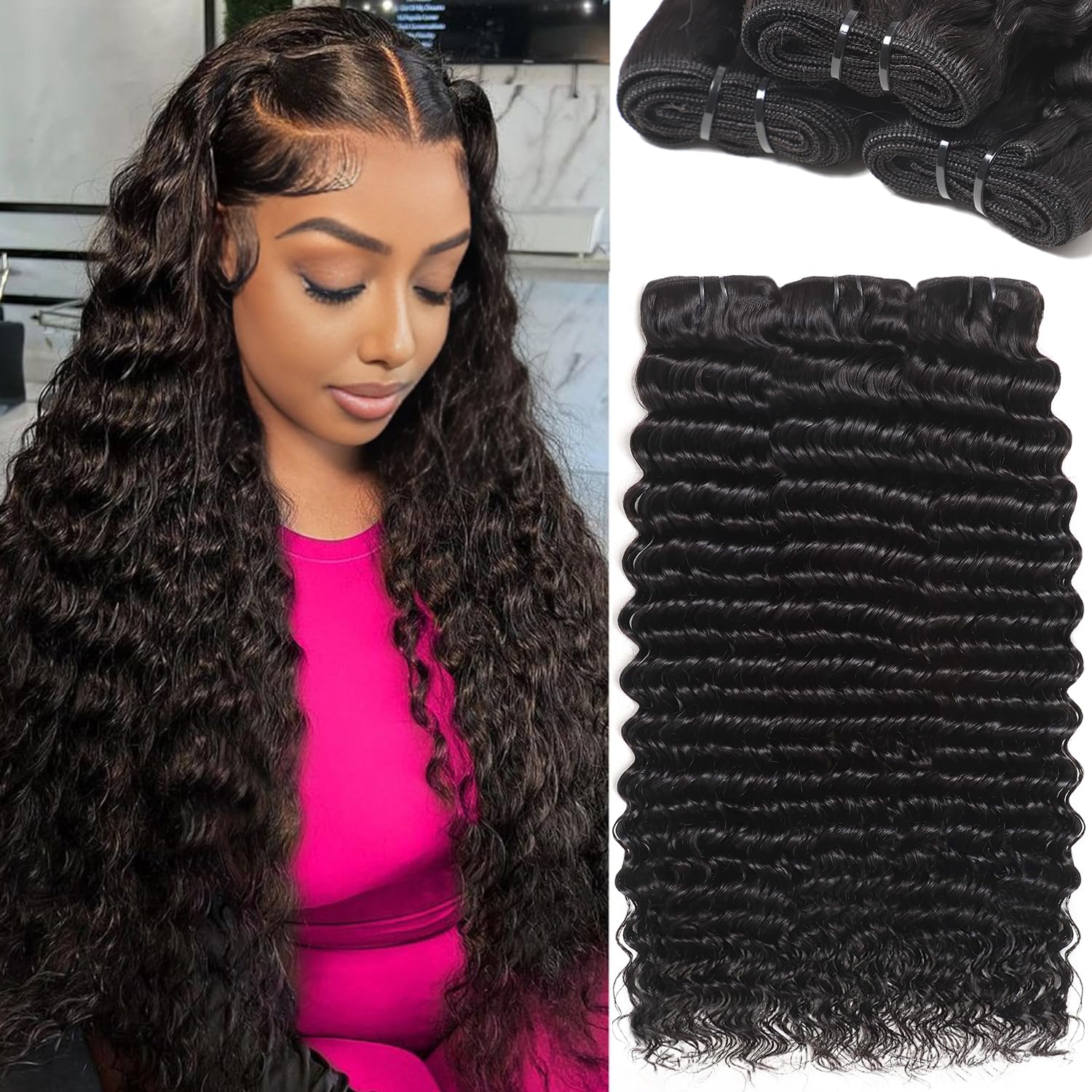 12A Deep Wave Brazilian Virgin Human Hair Bundles 22 24 26 Inch - 3 Pcs 100% Unprocessed Remy Hair Extensions - Natural Black Water Wave for Stunning Curly Weave & Everyday Glamorous Hairstyles