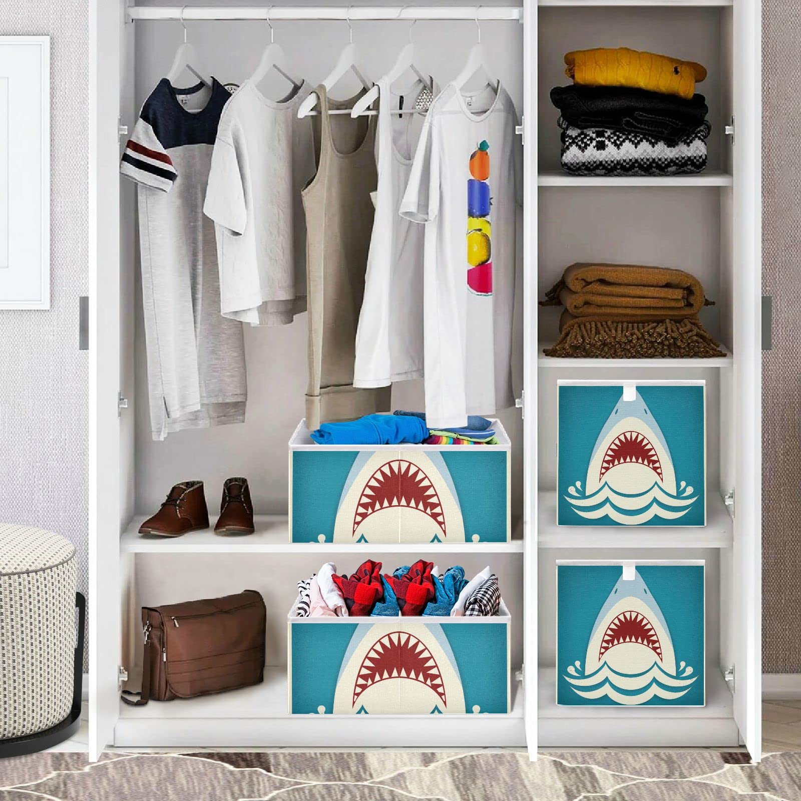 Shark Storage Basket - Collapsible Rectangular Closet Organizer Bin | Foldable Fabric Laundry Hamper & Home Organization Container | Perfect for Bedroom, Bathroom & Laundry Room Storage