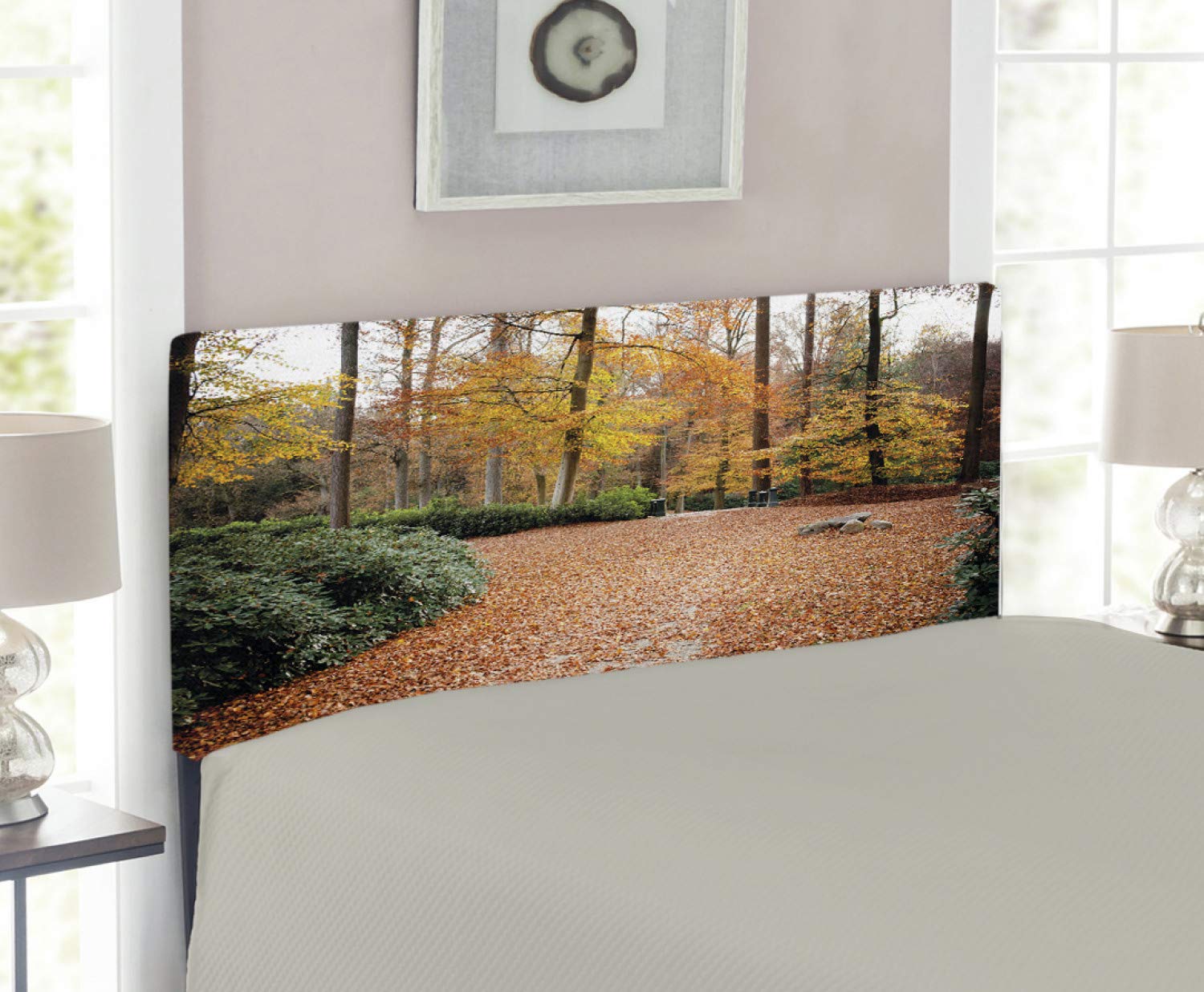 Ambesonne Nature Headboard - Autumn Forest with Deciduous Trees & Fall Leaves, Upholstered Metal Bed Headboard with Memory Foam, Twin Size, Hunter Green & Marigold - Perfect for Cozy Bedrooms & Seasonal Home Decor