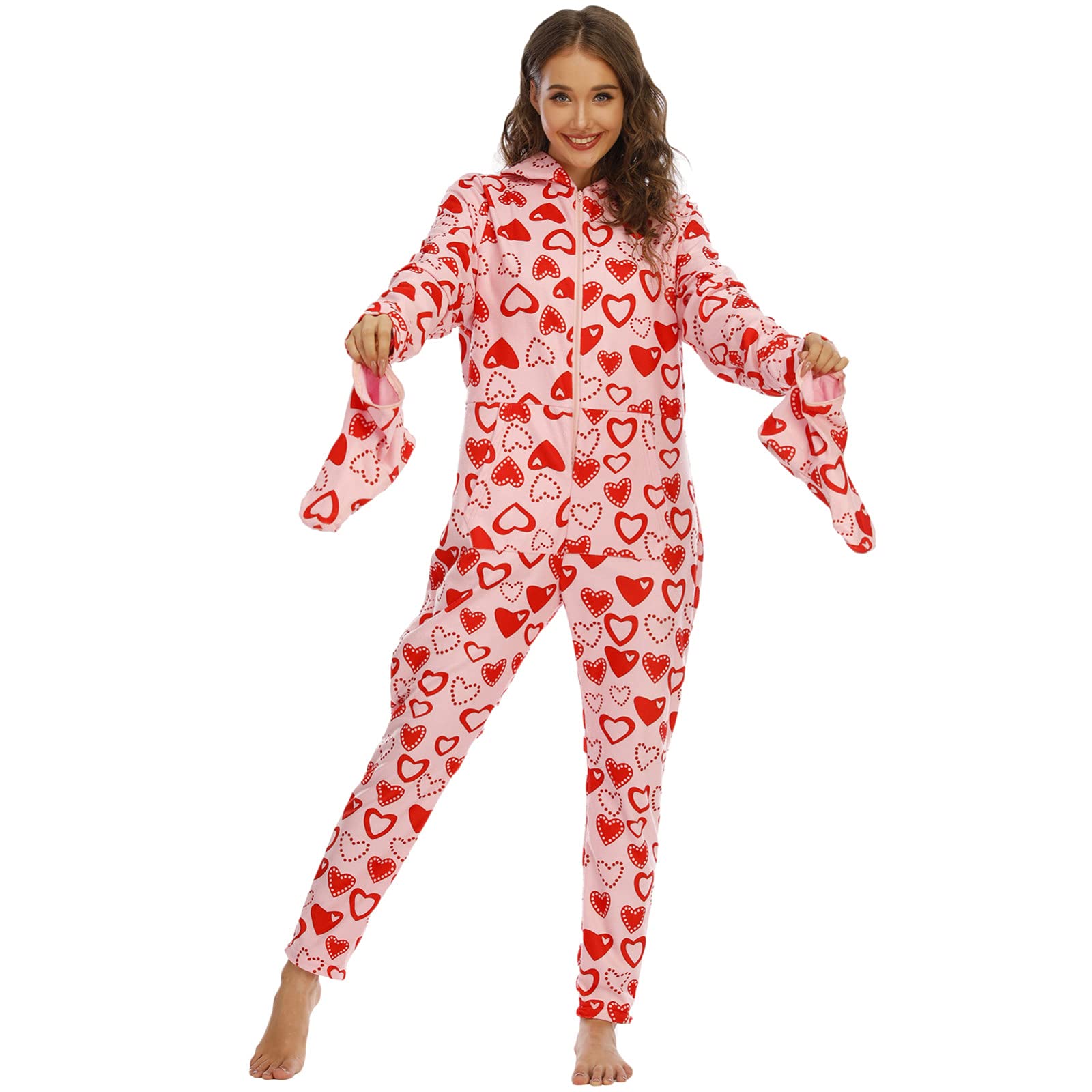 Youenom Women's Fleece Pajama Jumpsuit - Printed Hooded Romper with Pockets | Soft Plush Sleepwear Set for Winter, Lounge & Sleep | Cozy Homewear, Nightwear for Women, Ladies Clubwear (Available in Multiple Colors)