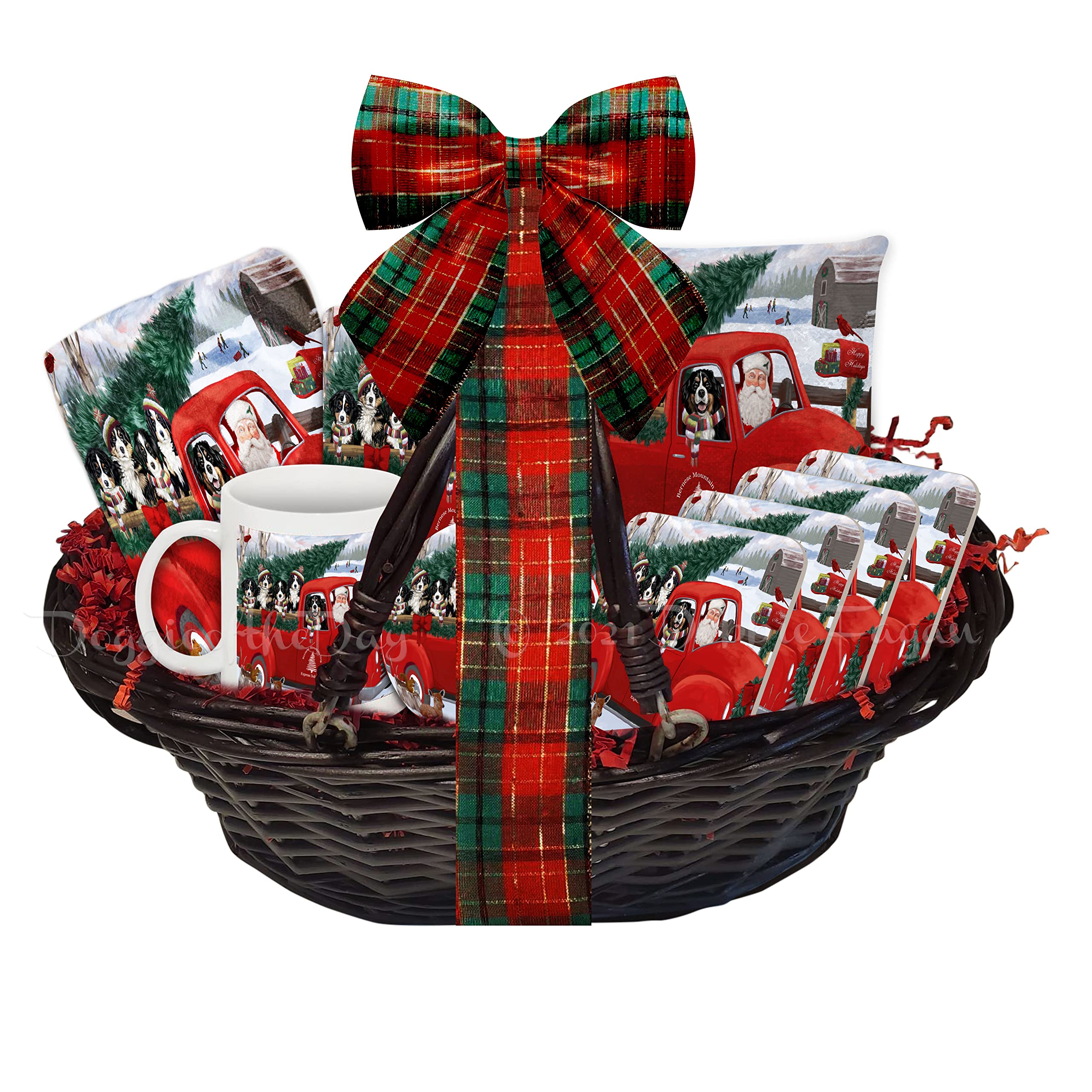 Premium Christmas Gift Basket for Dog Lovers - Santa Express Delivery with Red Truck Design, Bernese Mountain Dog Themed Blanket, Pillow, Coasters, Magnet, Coffee Mug & Ornament Set | Perfect Holiday Gift for Pet Owners, Home Decor & Cozy Winter Nights
