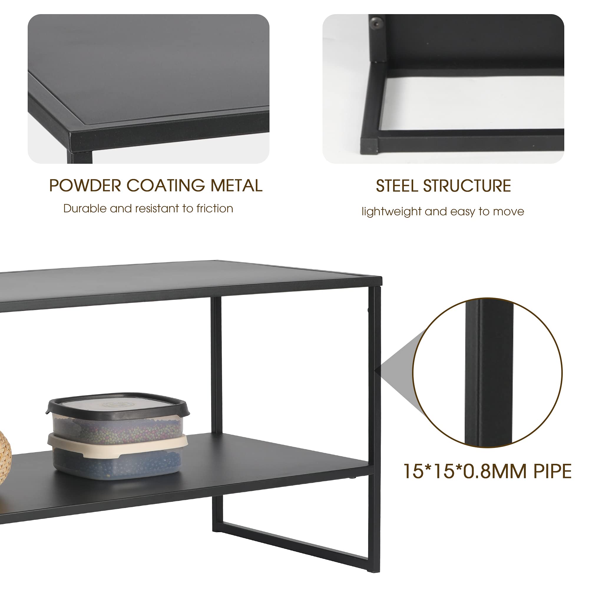 40 Inch Modern Rectangular Coffee Table with 2-Tier Shelf - Black Living Room Accent Table with Sturdy Metal Legs | Perfect for Small Spaces, Apartments & Lounge Areas